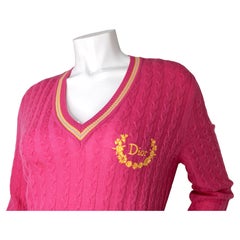 Christian Dior Pink Cable-Knit Cashmere V-Neck Sweater
