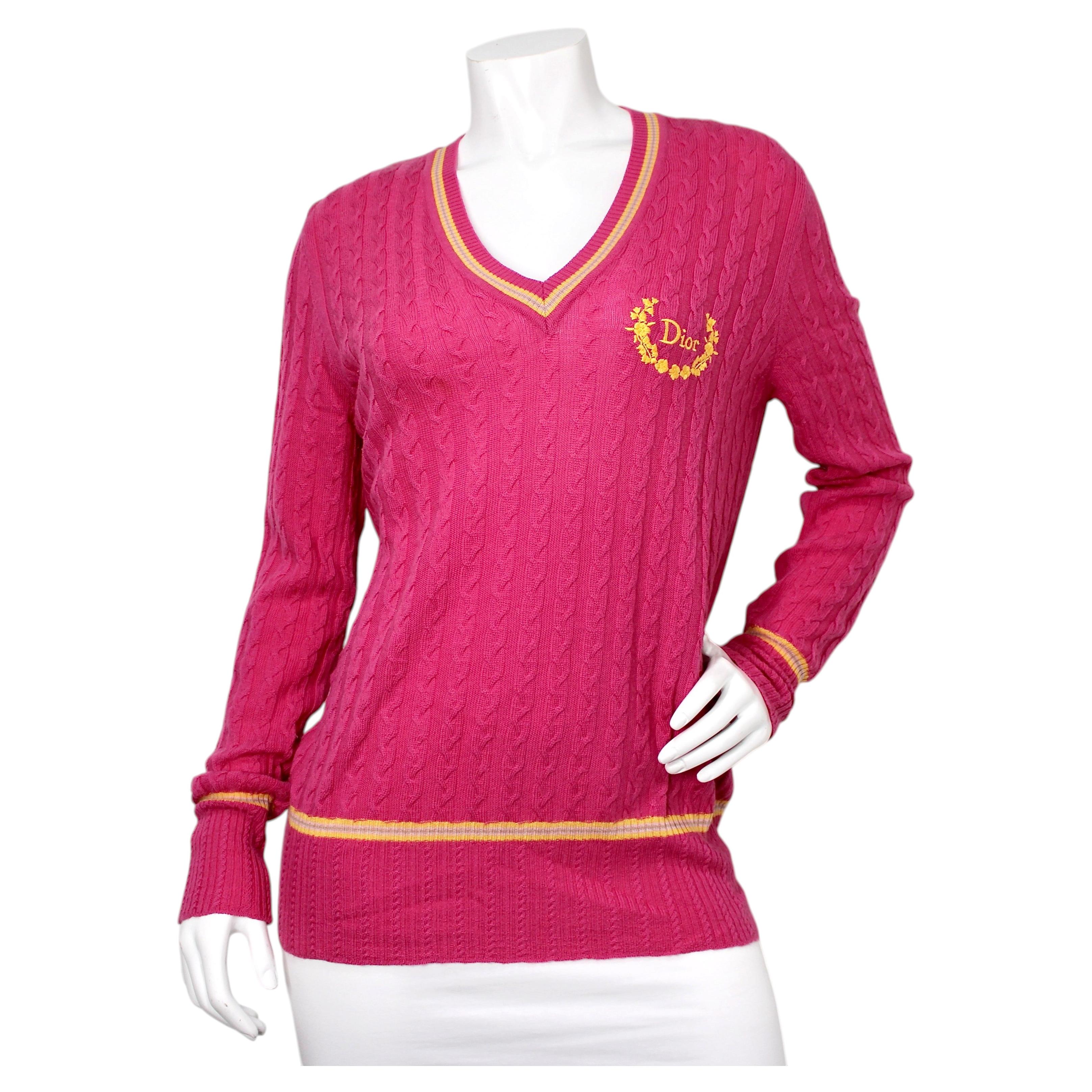 Christian Dior Pink Cable-Knit Cashmere V-Neck Sweater