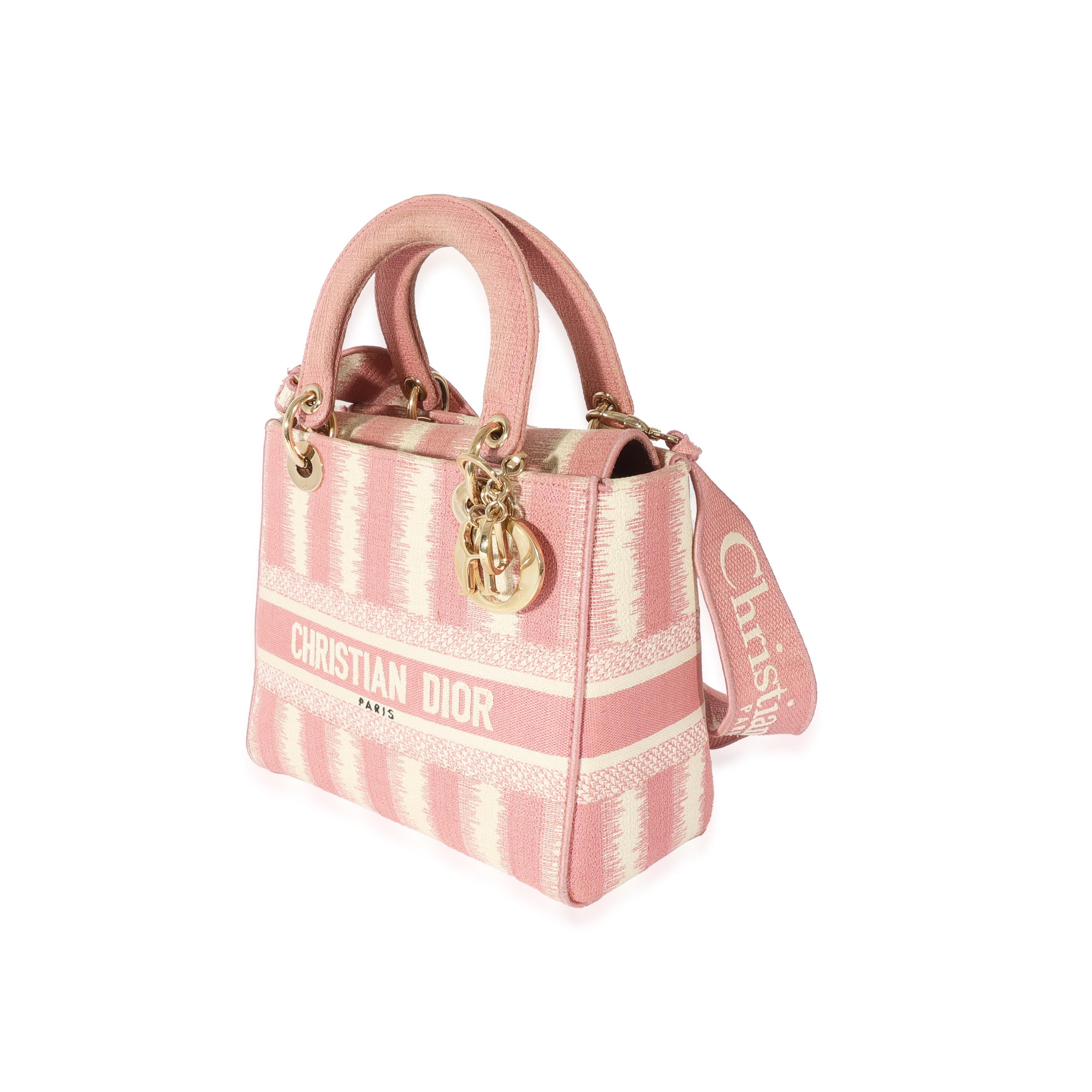 Christian Dior Pink Canvas Medium D-Stripes Lady D-Lite In Excellent Condition In New York, NY