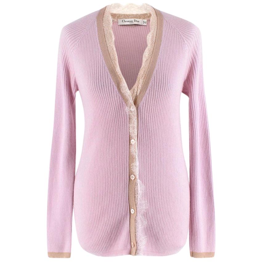 Christian Dior Pink Cashmere & Silk Knit Lace Detail Cardigan - Size US 4 For Sale