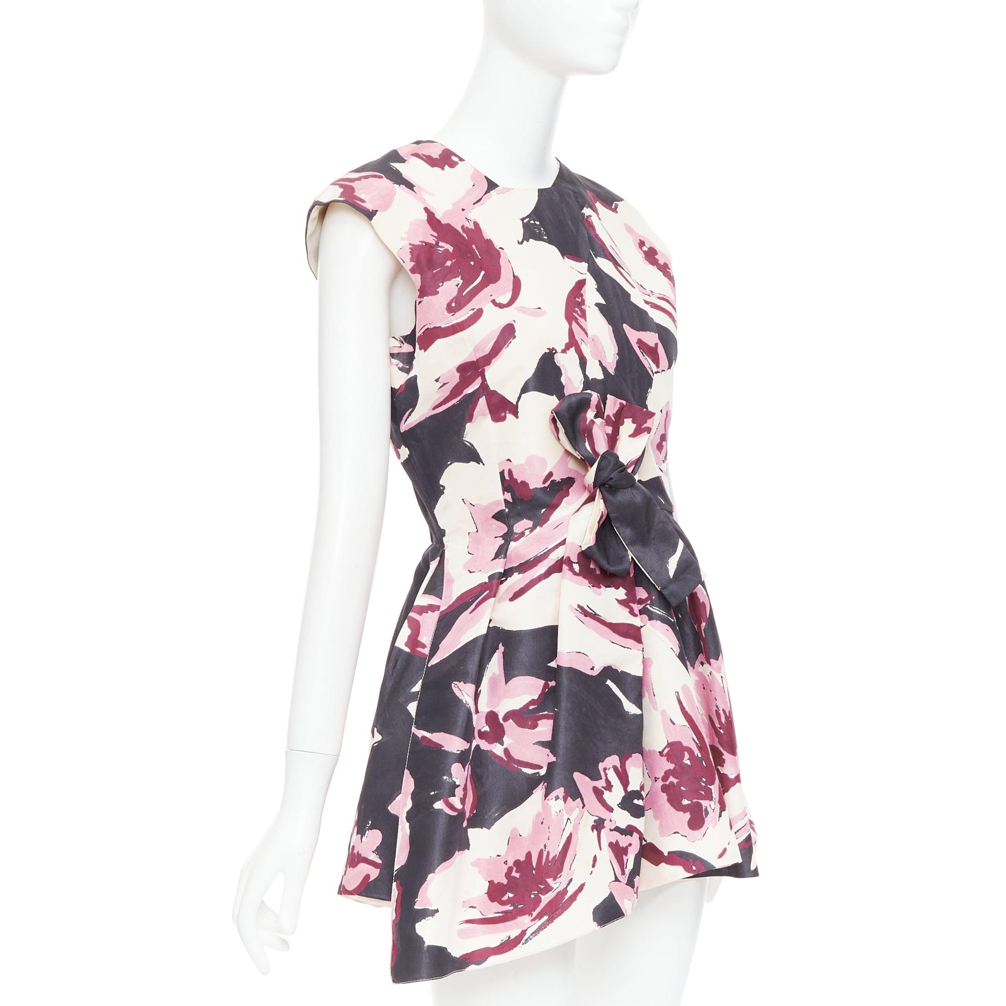 White CHRISTIAN DIOR pink cream 100% silk abstract floral print tie waist dress FR38 M For Sale