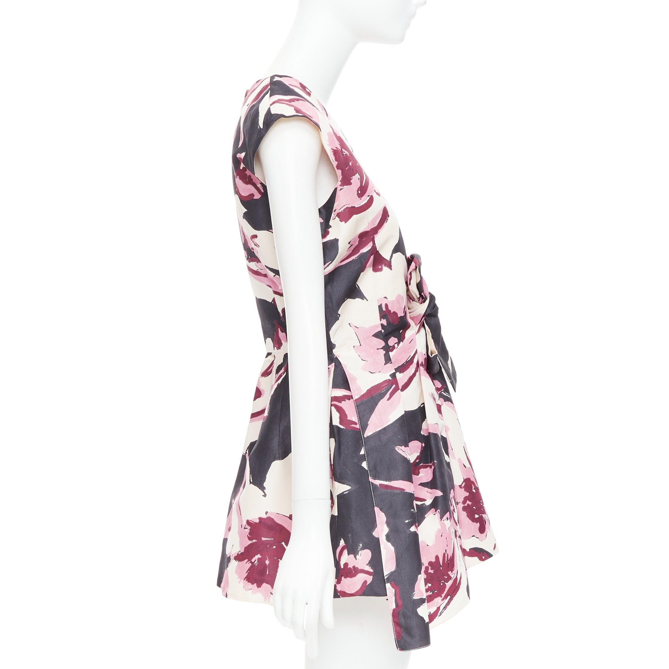 CHRISTIAN DIOR pink cream 100% silk abstract floral print tie waist dress FR38 M In Fair Condition For Sale In Hong Kong, NT