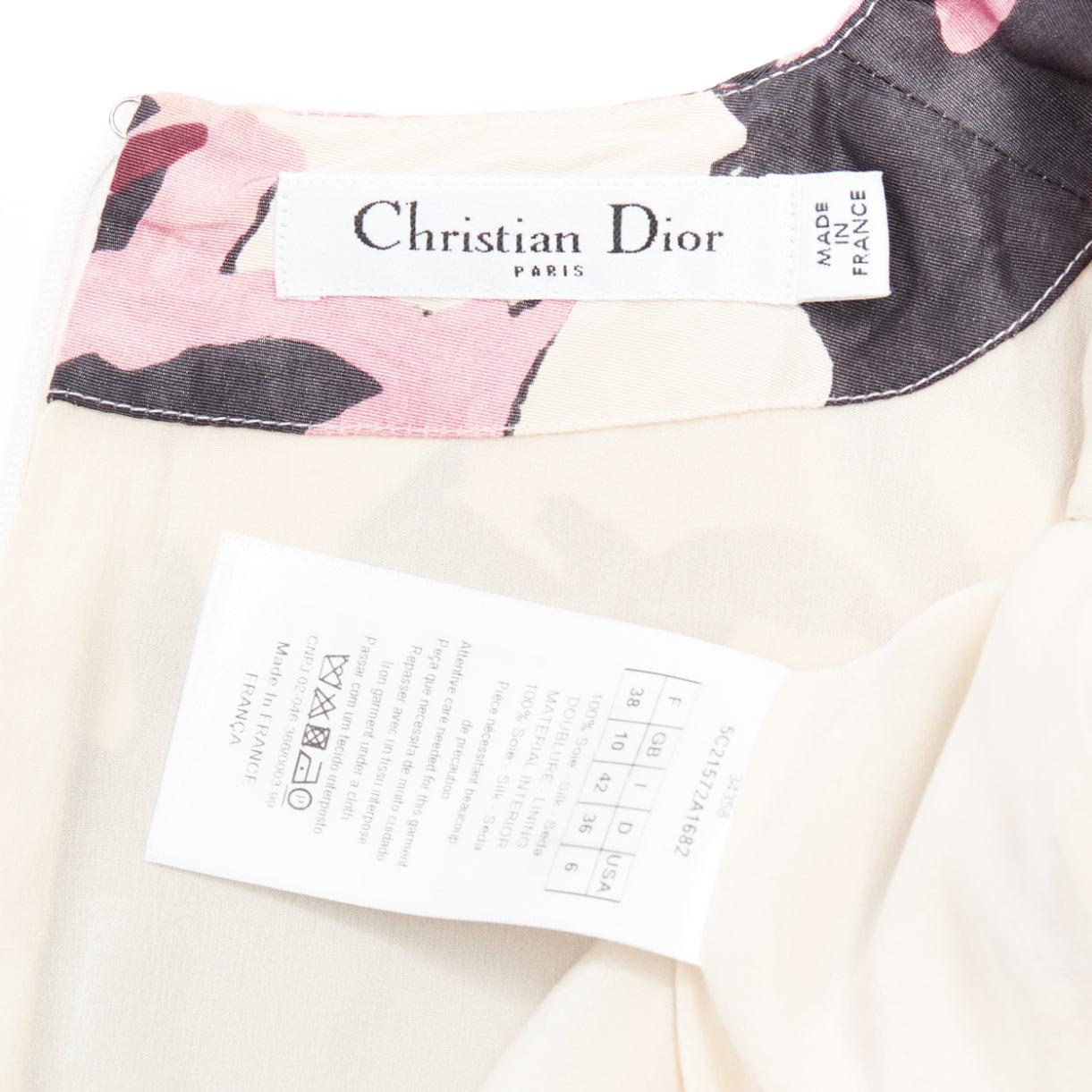 CHRISTIAN DIOR pink cream 100% silk abstract floral print tie waist dress FR38 M For Sale 3