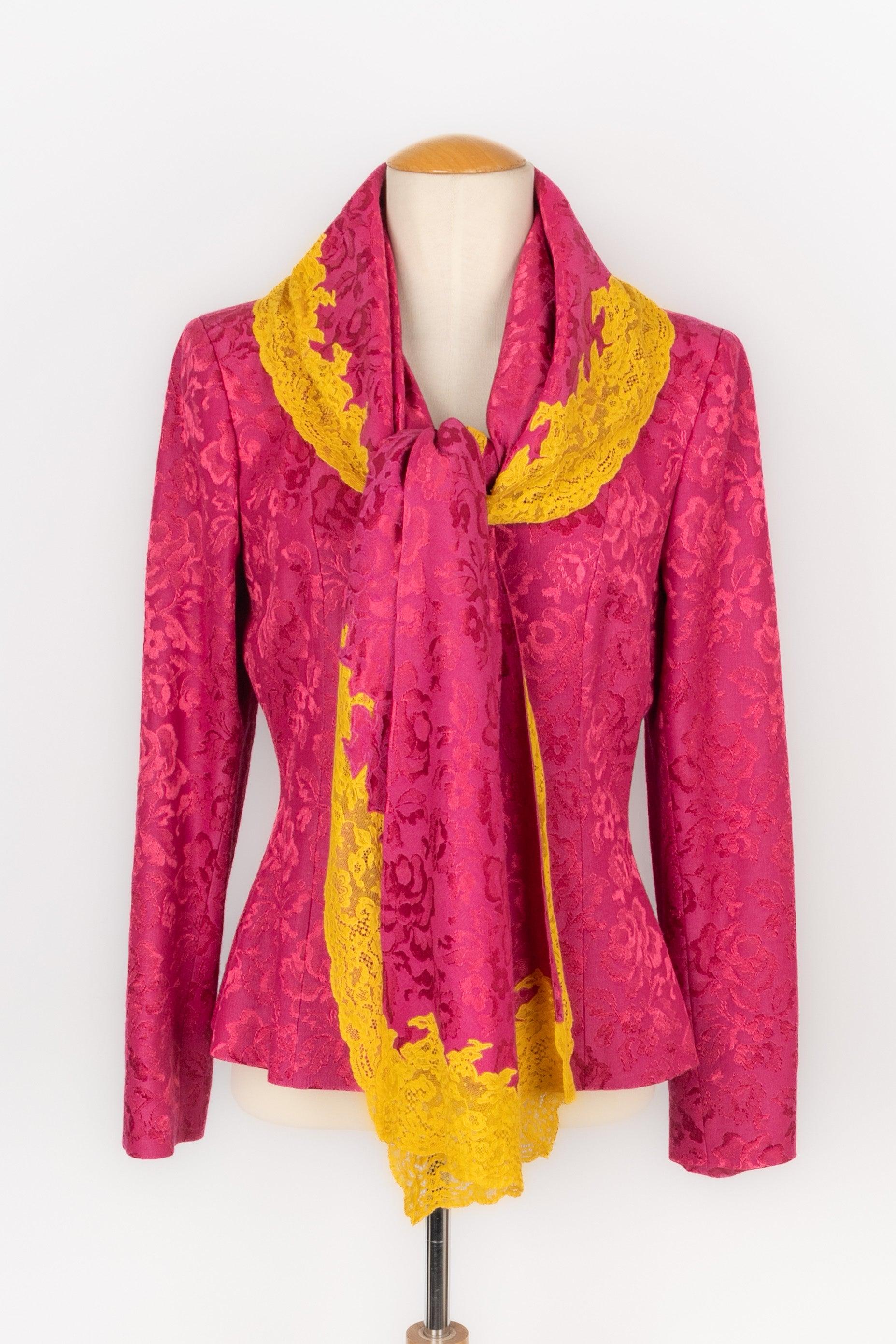 Women's Christian Dior Pink Jacquard Set Embroidered with Yellow Lace, 1998 For Sale