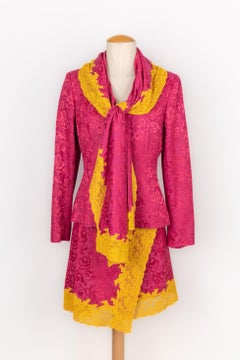 Christian Dior Pink Jacquard Set Embroidered with Yellow Lace, 1998