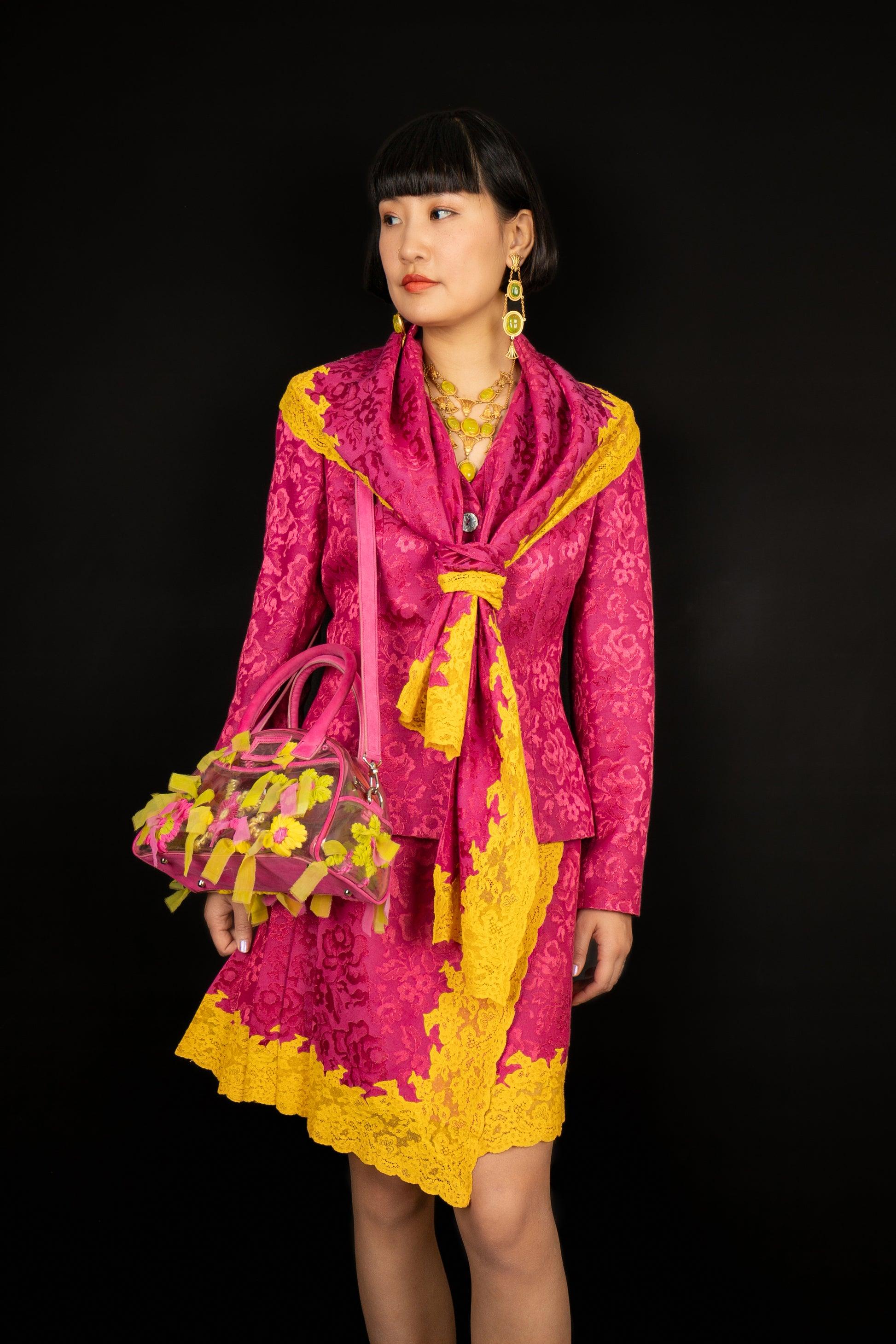 Christian Dior Pink Jacquard Set Embroidered with Yellow Lace, 1998 For Sale 6