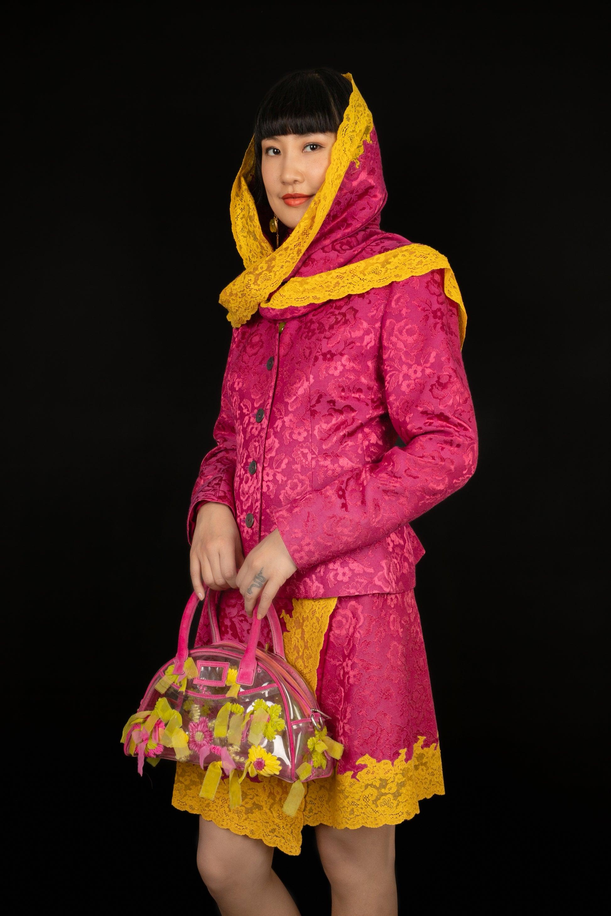 Christian Dior Pink Jacquard Set Embroidered with Yellow Lace, 1998 For Sale 7