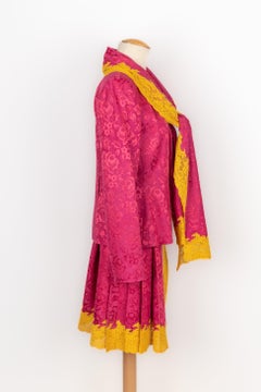 Christian Dior Pink Jacquard Set Embroidered with Yellow Lace, 1998