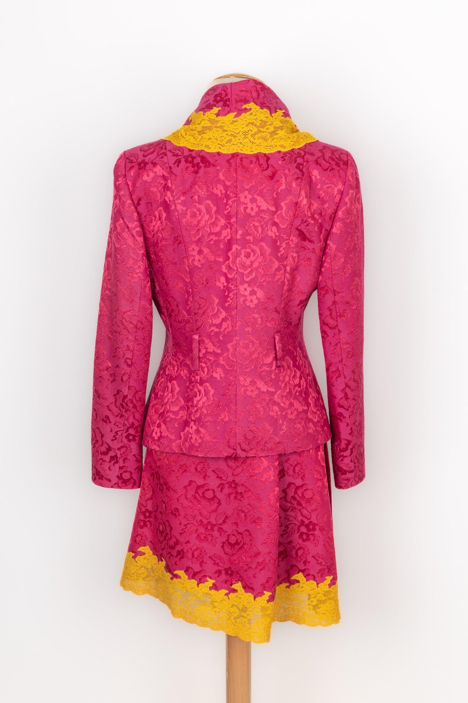 Red Christian Dior Pink Jacquard Set Embroidered with Yellow Lace, 1998 For Sale