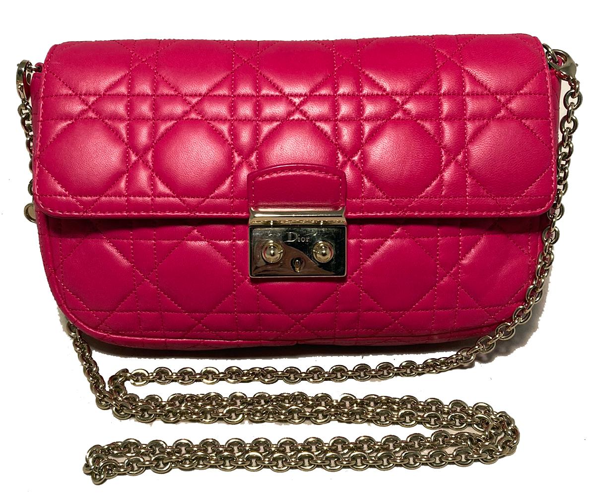 Christian Dior Pink Leather Cannage Quilted Miss Dior Flap Bag in excellent condition. Pink leather exterior in signature cannage quilted pattern trimmed with gold hardware. Front pinch latch closure opens to a pink leather interior with a black