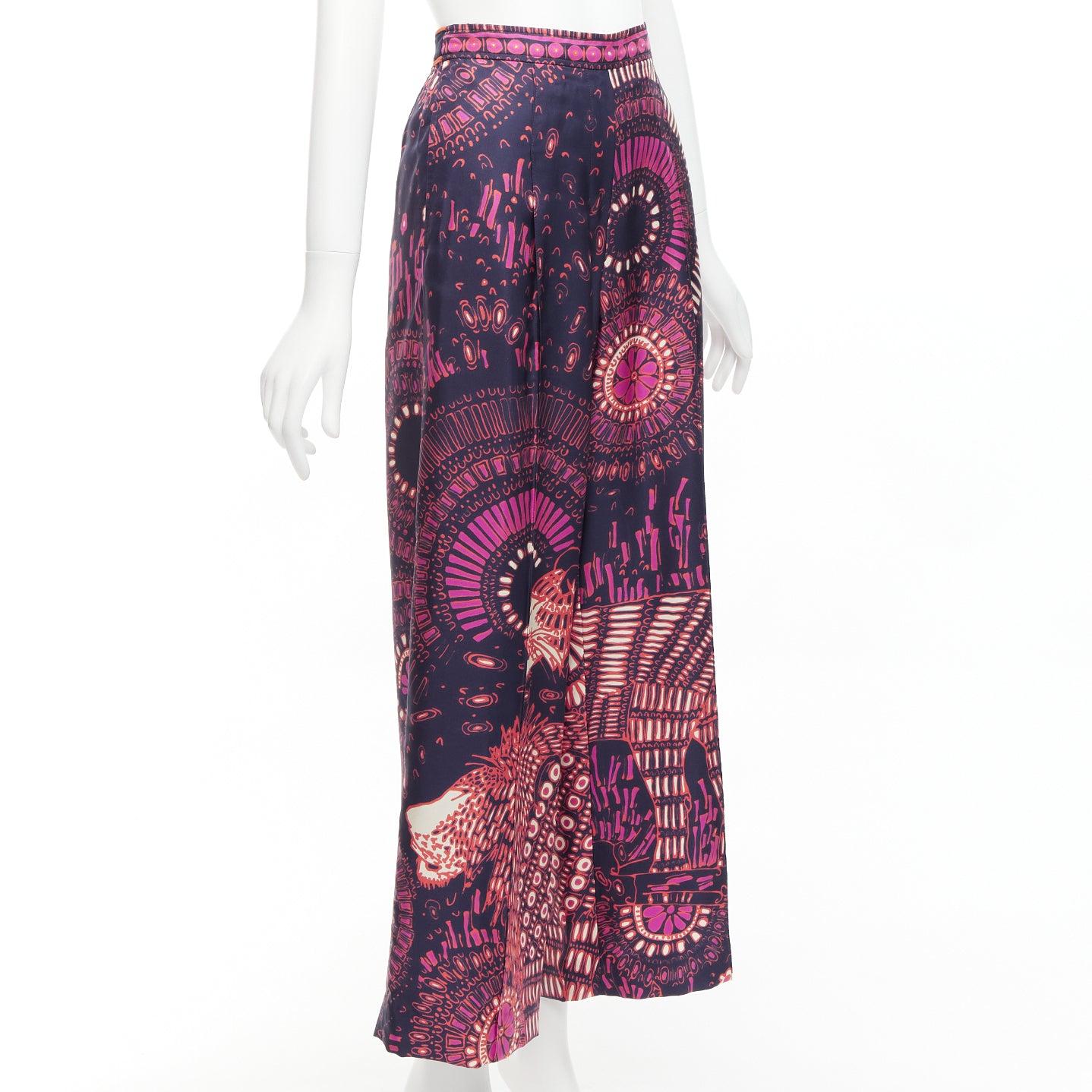 CHRISTIAN DIOR pink navy kaleidoscope animal print cotton wide pants FR36 S In Excellent Condition For Sale In Hong Kong, NT