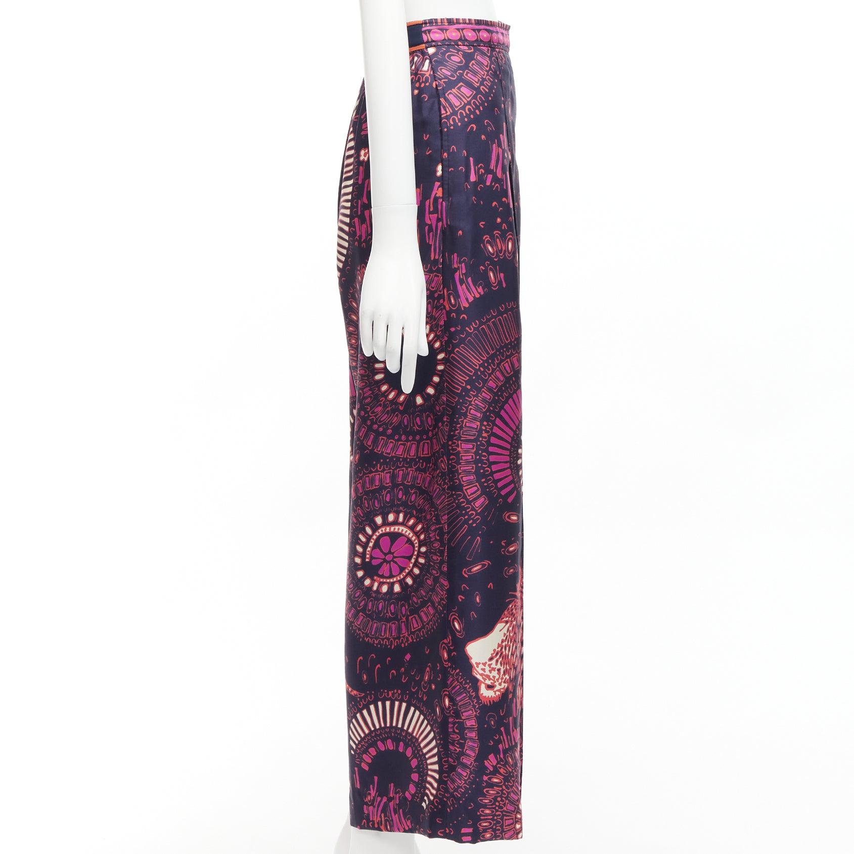 CHRISTIAN DIOR pink navy kaleidoscope animal print cotton wide pants FR36 S In Excellent Condition For Sale In Hong Kong, NT