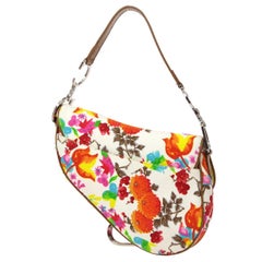 CHRISTIAN DIOR Pink Orange Multi Color Canvas Floral Tan Shoulder Saddle Bag