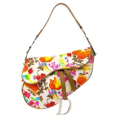 CHRISTIAN DIOR Pink Orange Multi Color Canvas Floral Tan Shoulder Saddle Bag