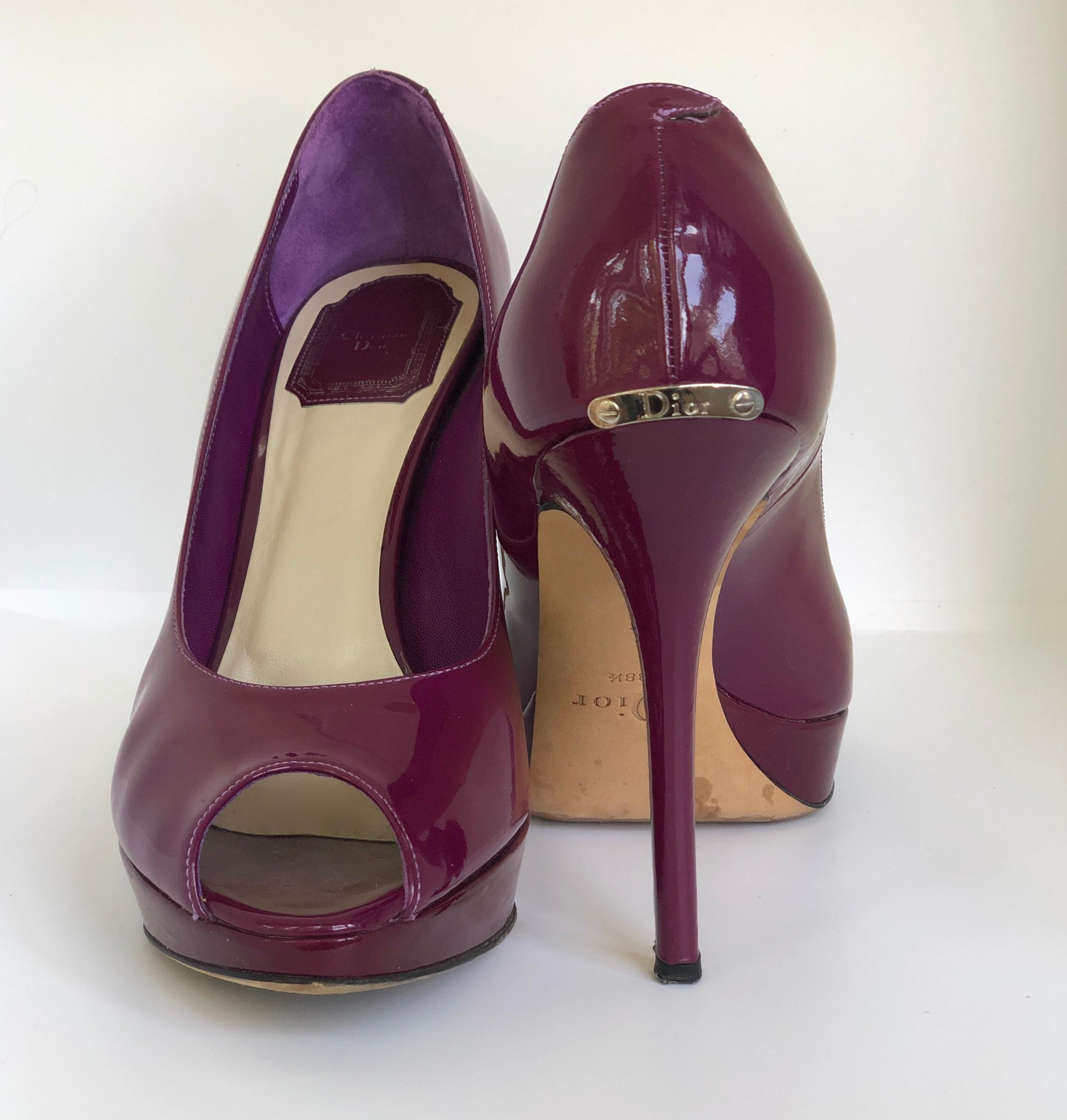 Christian Dior Pink/ Purple Berry Patent Leather Platform & Peep Toe Pumps For Sale 2