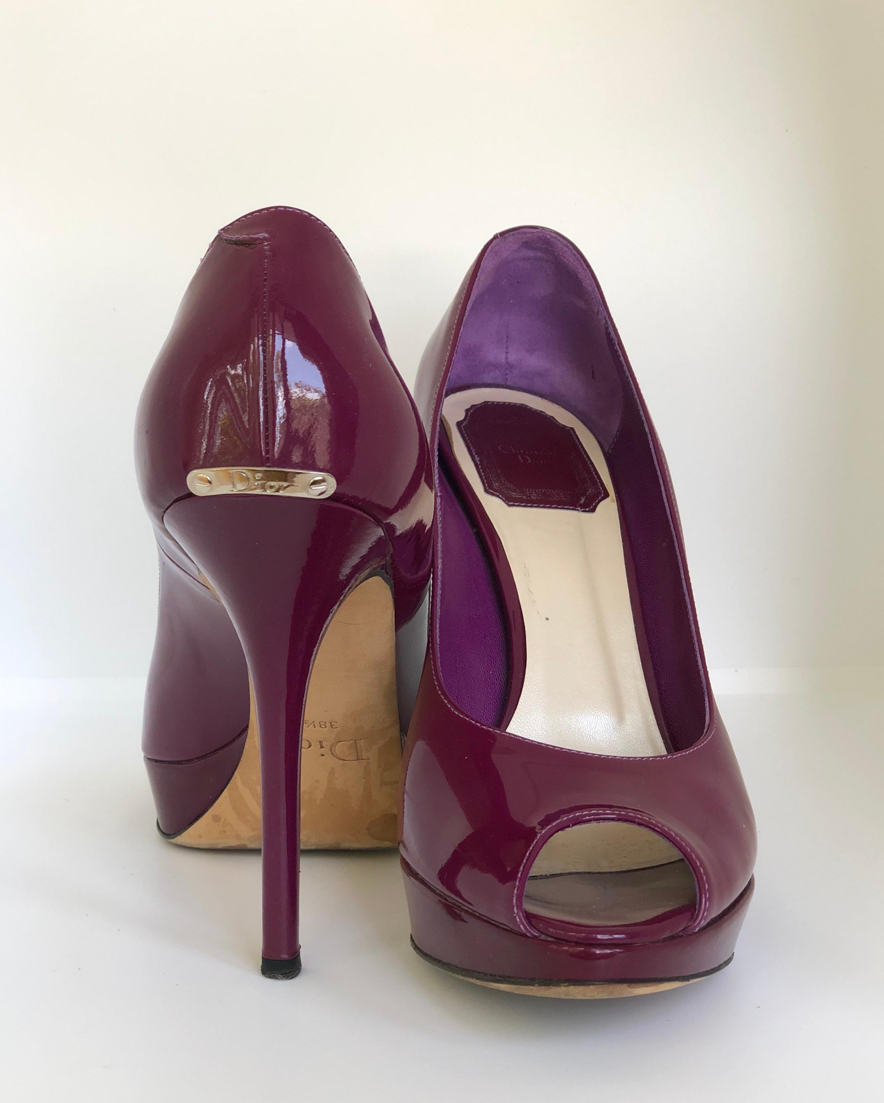 Christian Dior Pink/ Purple Berry Patent Leather Platform & Peep Toe Pumps For Sale 3
