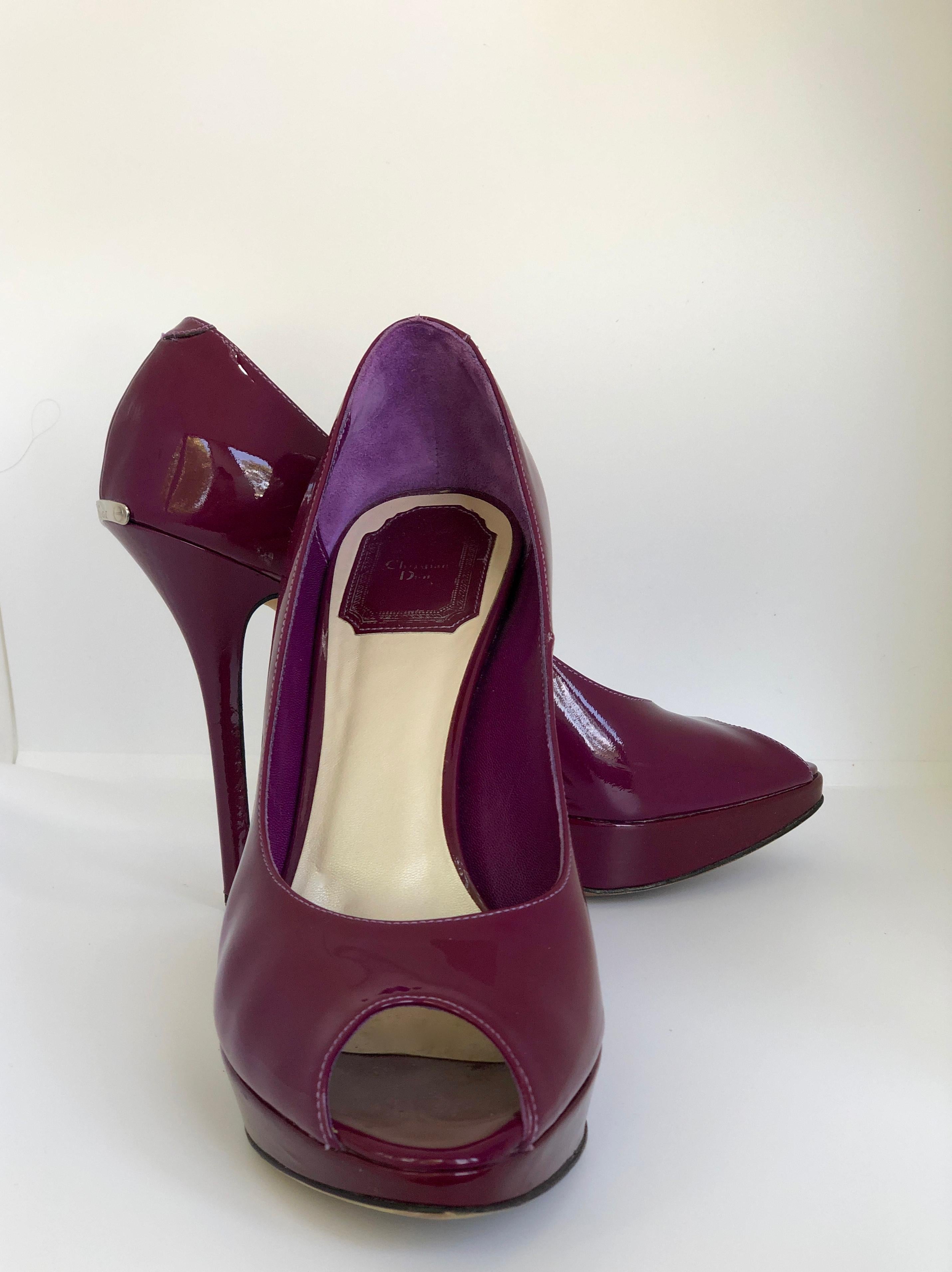 Black Christian Dior Pink/ Purple Berry Patent Leather Platform & Peep Toe Pumps For Sale