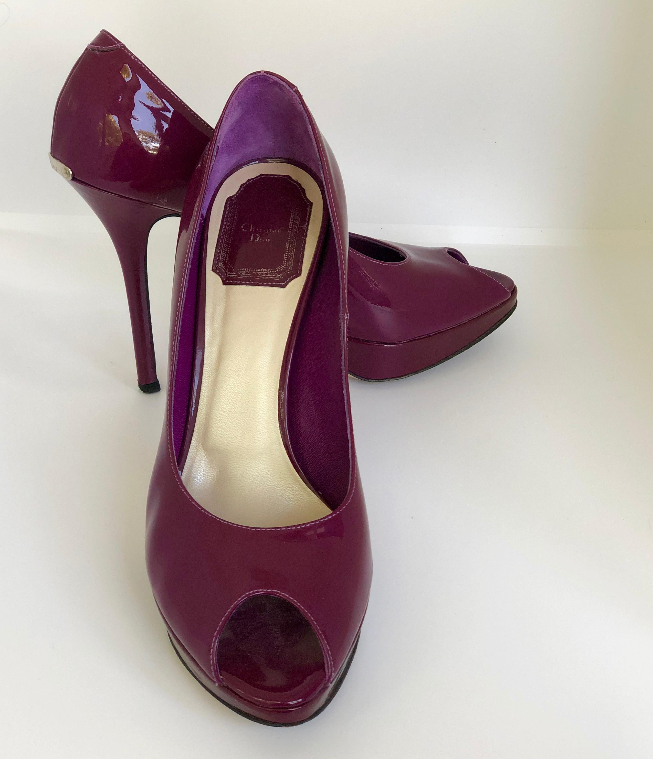 Christian Dior Pink/ Purple Berry Patent Leather Platform & Peep Toe Pumps In Good Condition For Sale In Houston, TX