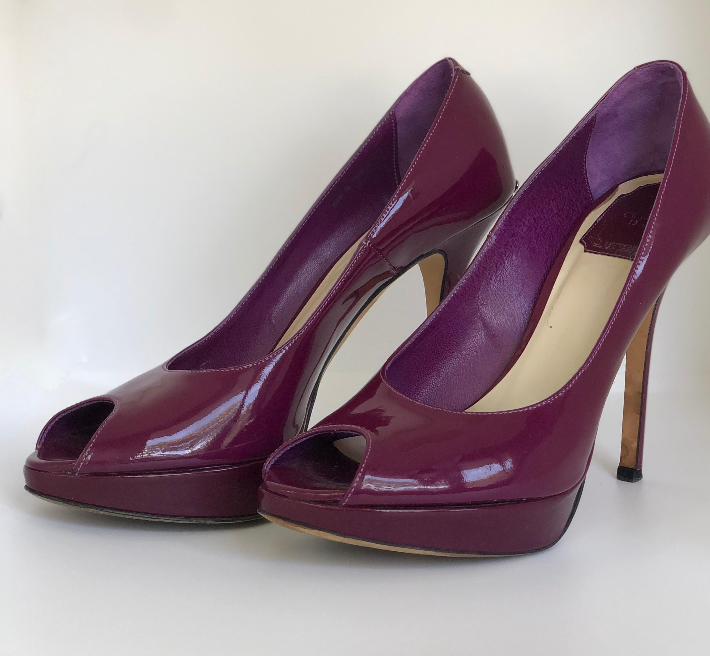 Christian Dior Pink/ Purple Berry Patent Leather Platform & Peep Toe Pumps For Sale 1