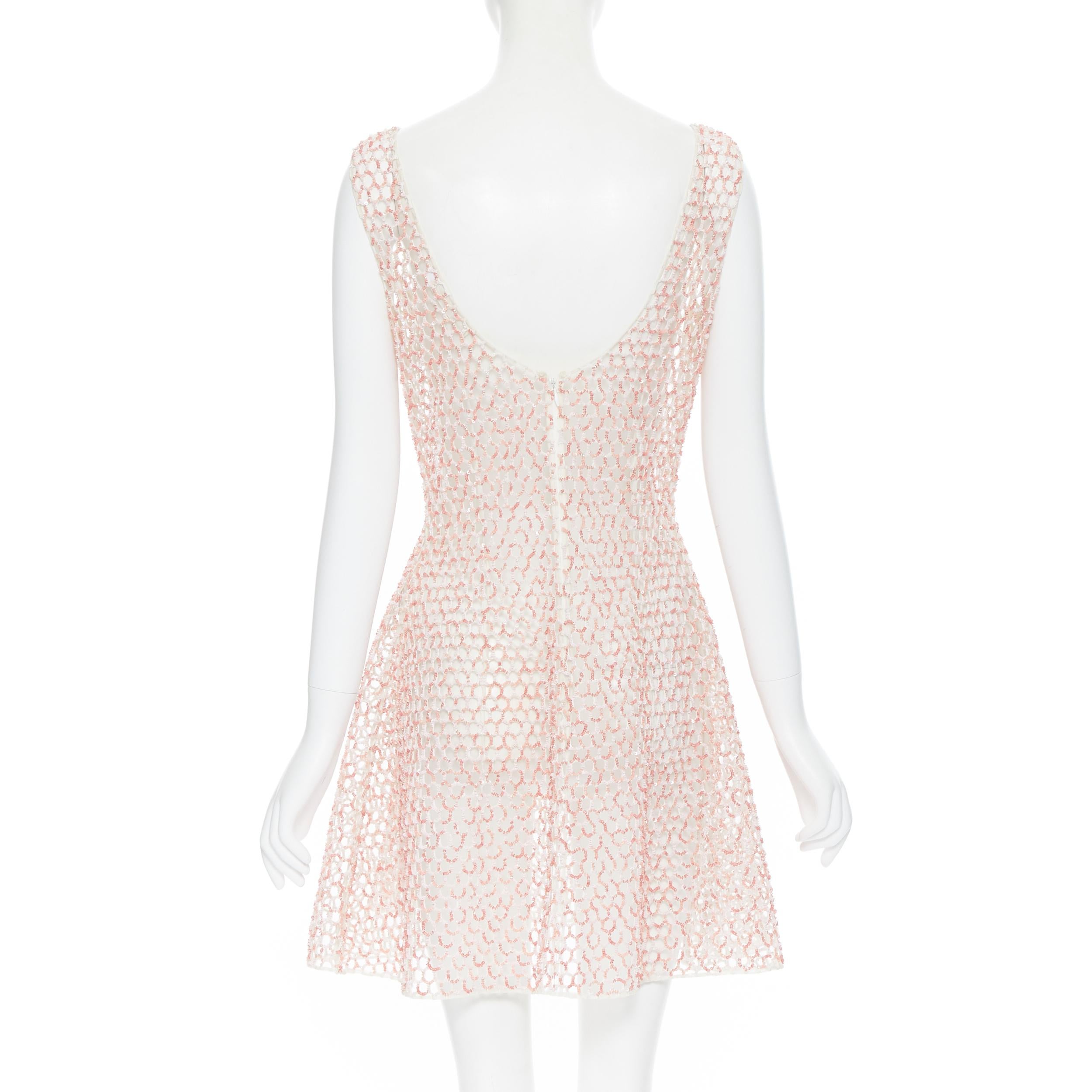 CHRISTIAN DIOR pink sequins bead embroidered sheer mesh fit flared over dress S In Good Condition In Hong Kong, NT