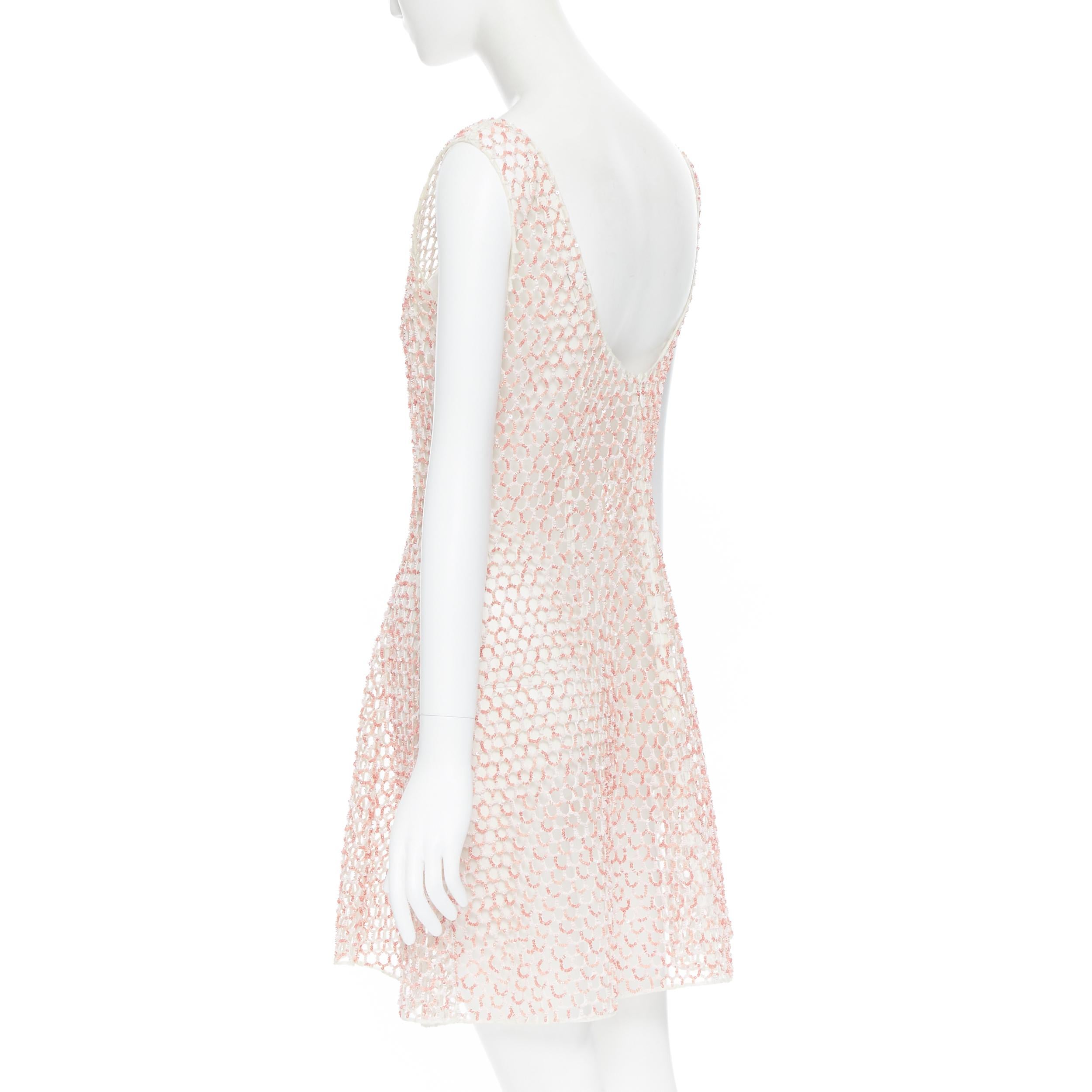 Women's CHRISTIAN DIOR pink sequins bead embroidered sheer mesh fit flared over dress S