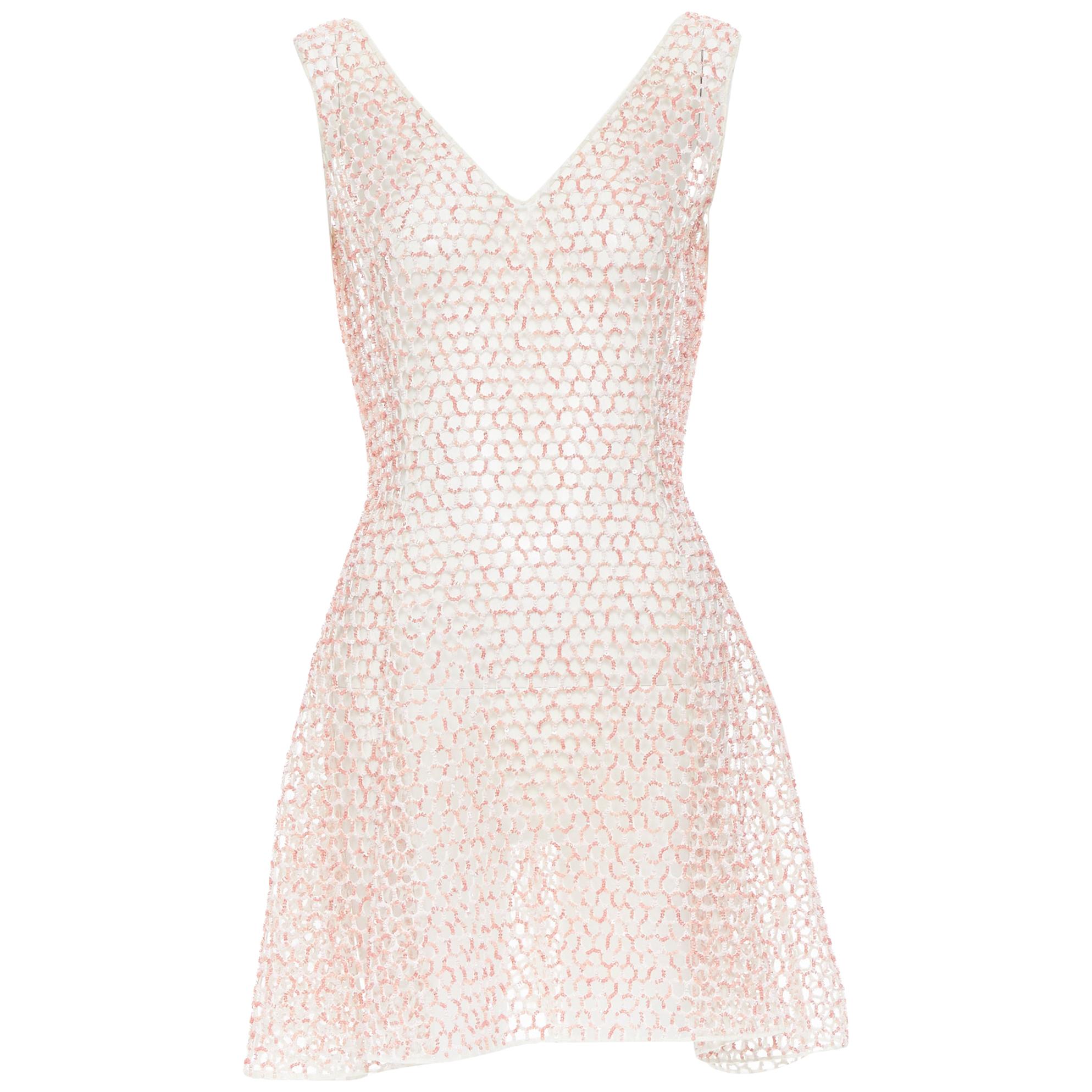 CHRISTIAN DIOR pink sequins bead embroidered sheer mesh fit flared over dress S