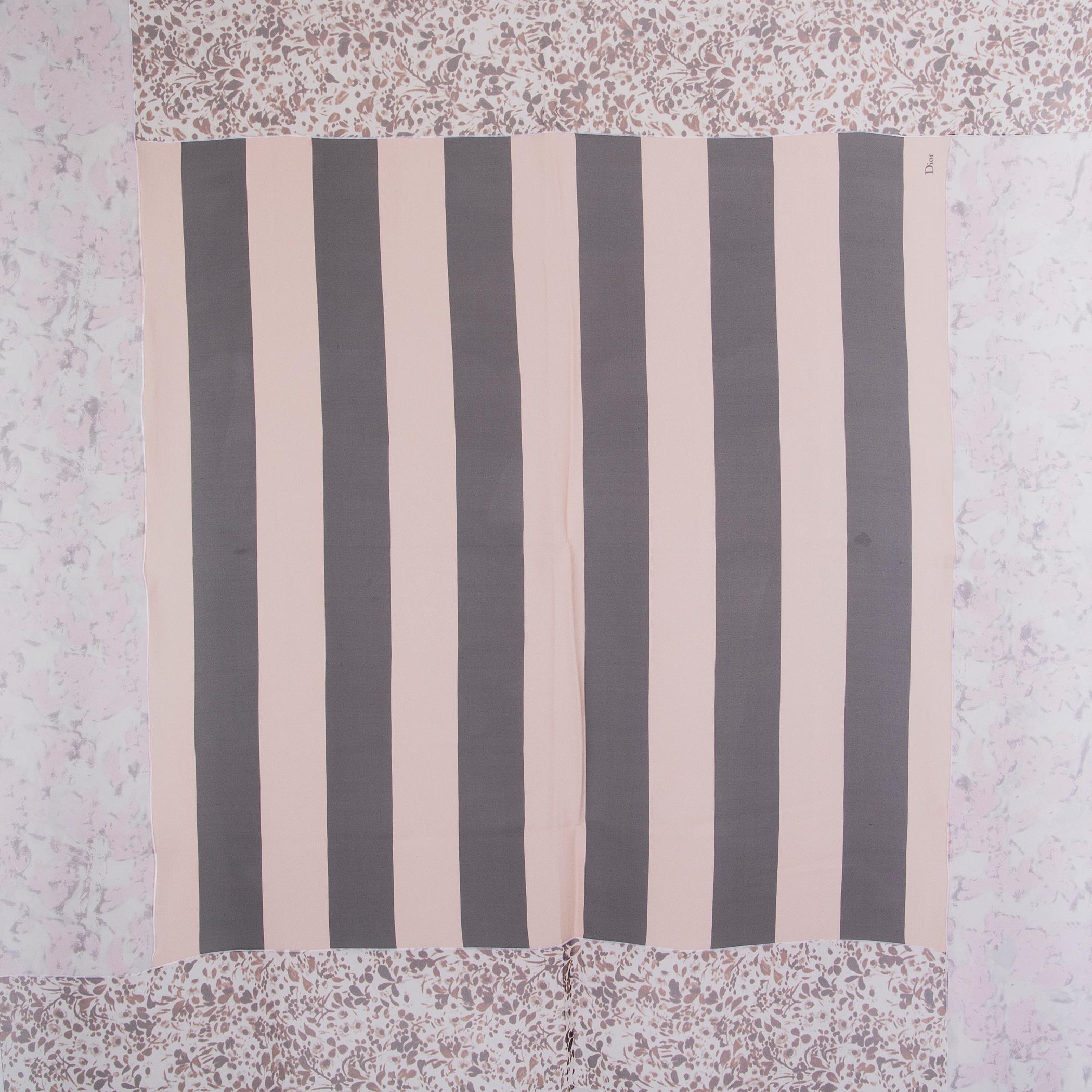 Christian Dior striped organza scarf in light nude, black, baby pink and brown silk (100%) with a floral organic print around the boarders. Has been worn and is in excellent condition. 

Width 138cm (53.8in)
Length 138cm (53.8in)