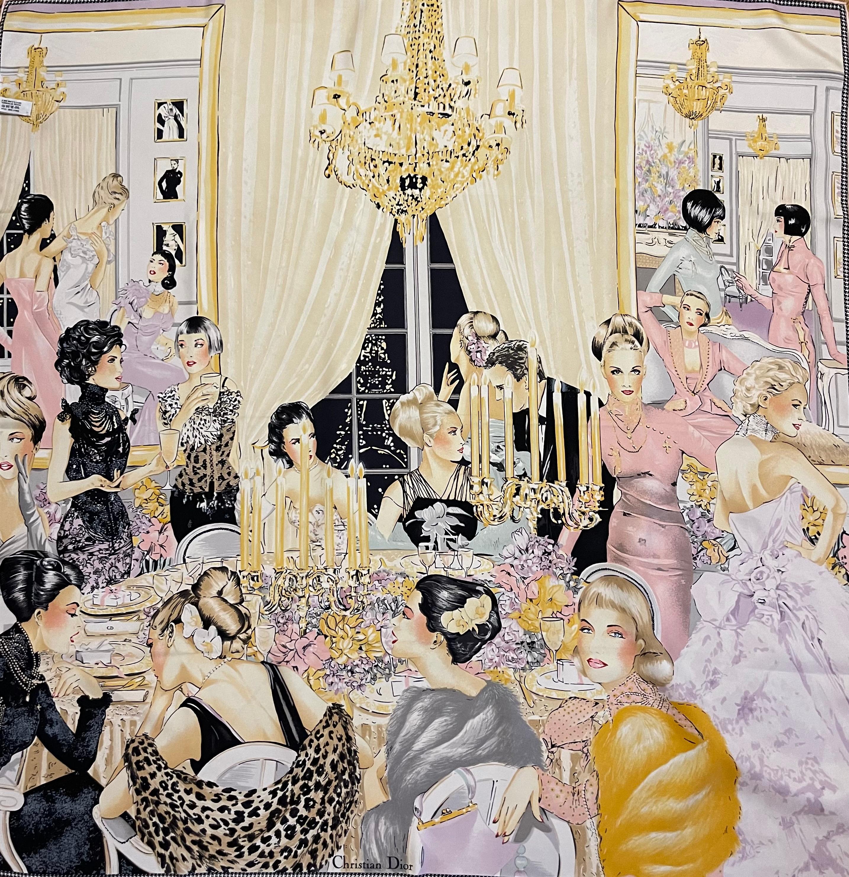 Pañuelo de seda rosa Christian Dior. Este precioso pañuelo representa una velada vibrante y lujosa. Este estilo de ilustración es detallado y recuerda a las ilustraciones de las revistas de moda vintage. Este pañuelo no sólo funciona como accesorio