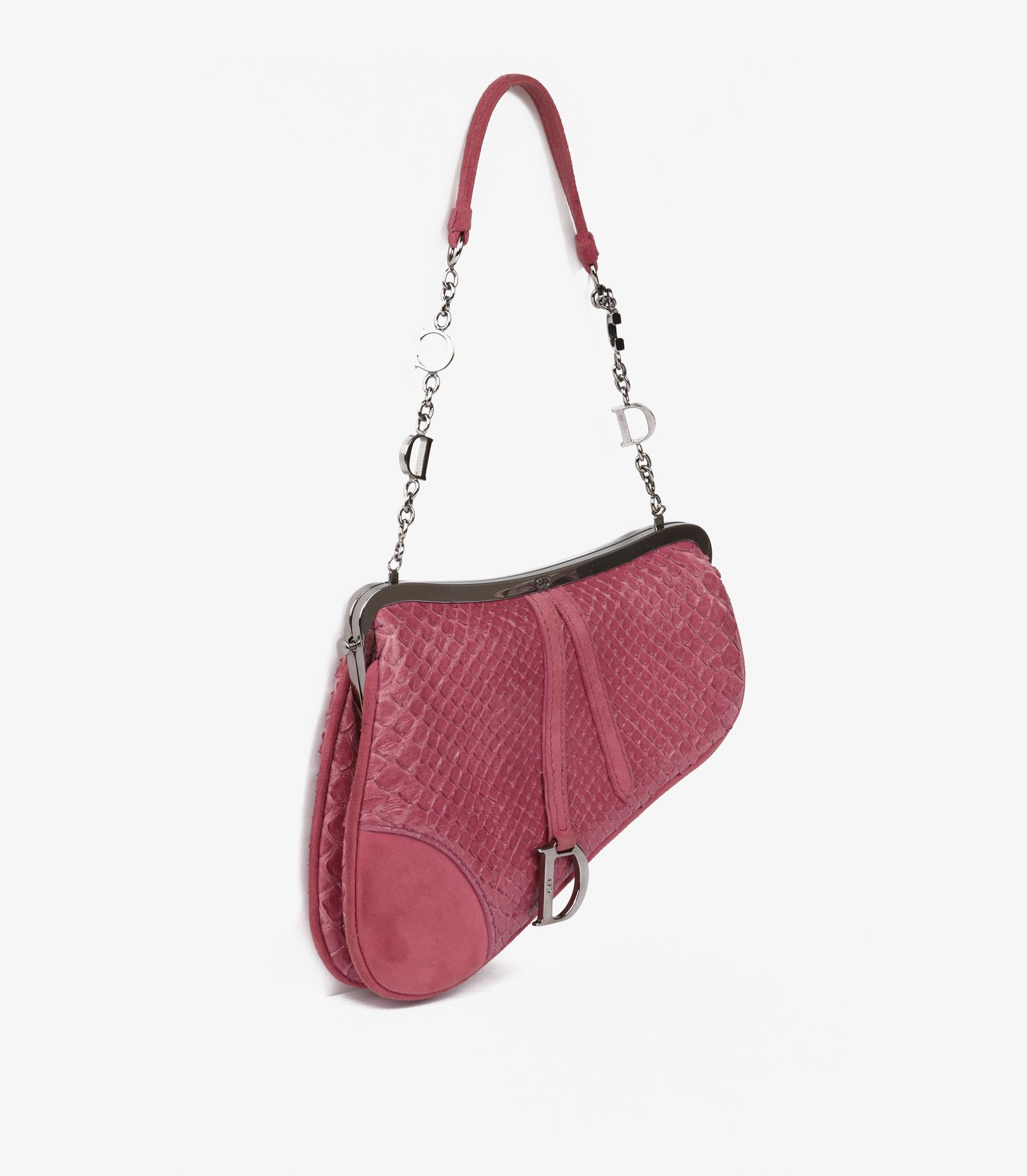 Rose Christian Dior Pink Snakeskin & Suede Vintage Mini Saddle Bag en vente