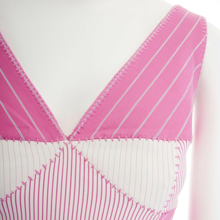 CHRISTIAN DIOR pink stripe mixed fabric overstitched patchwork dress