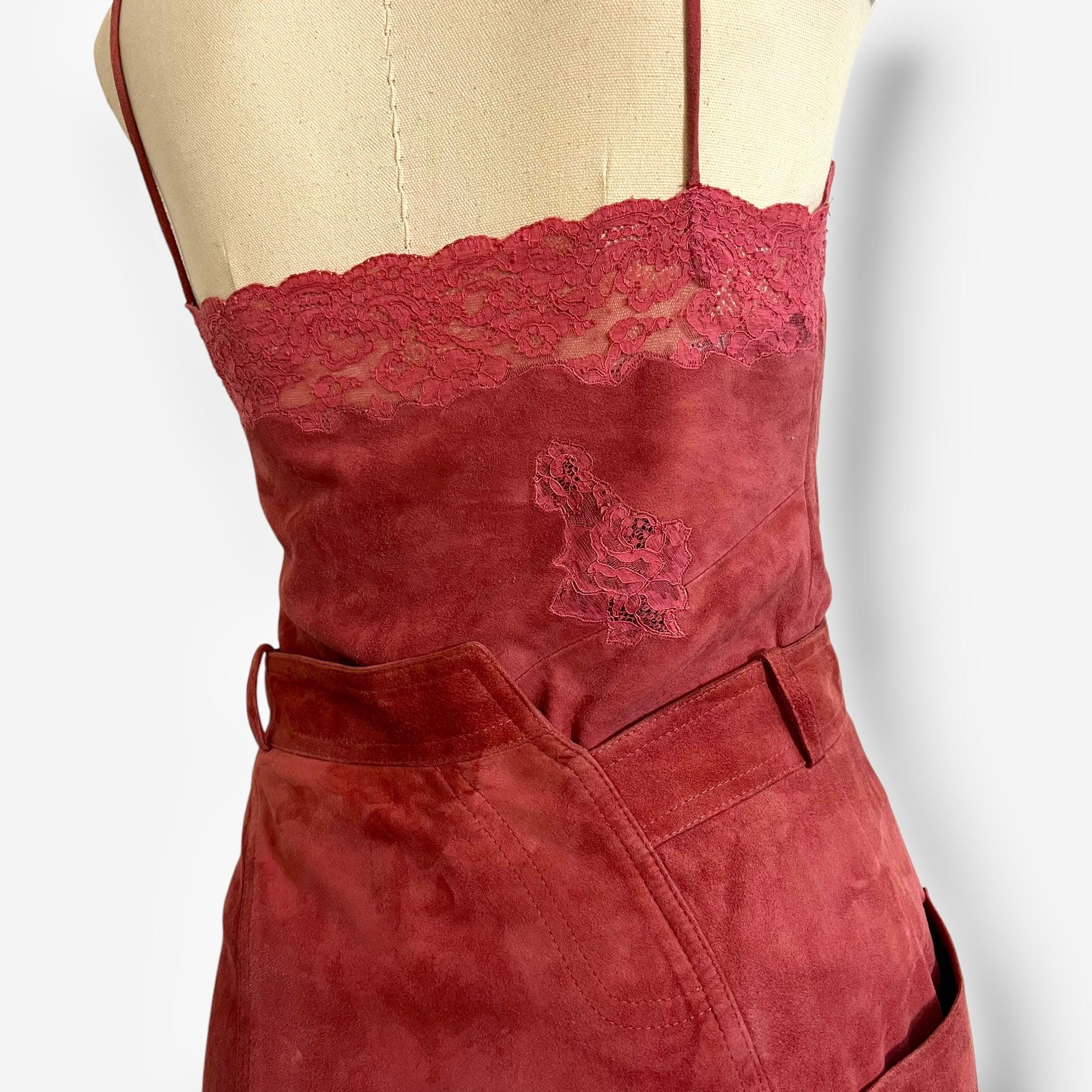 Christian Dior Set due pezzi in pizzo e camoscio rosa, Autunno/Inverno 2000 in vendita 6
