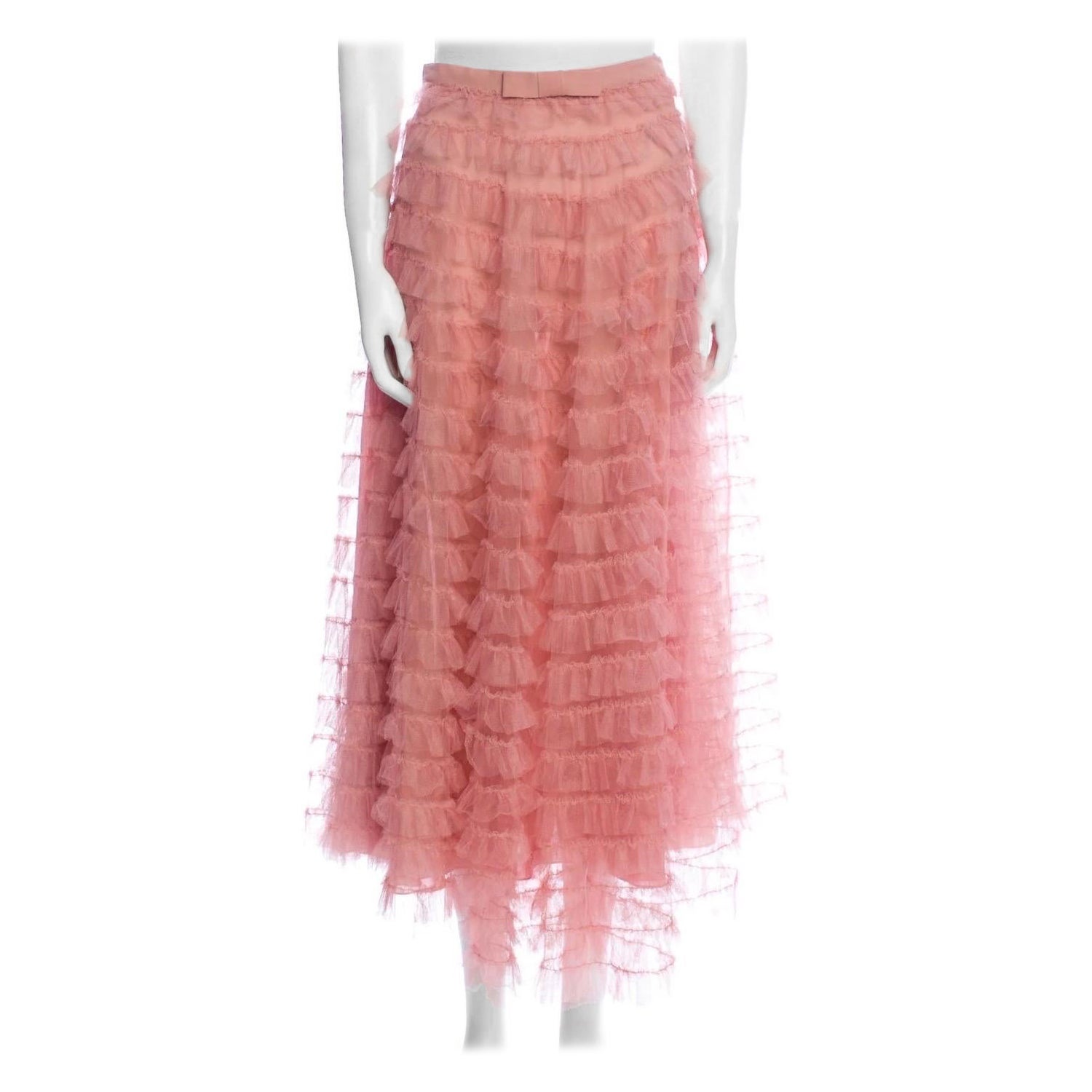 Christian Dior Falda midi de volantes de tul rosa con lazo en la cintura IT 40