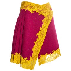 Christian Dior pink tweed pleated skirt edged in yellow Calais lace, fw 1998