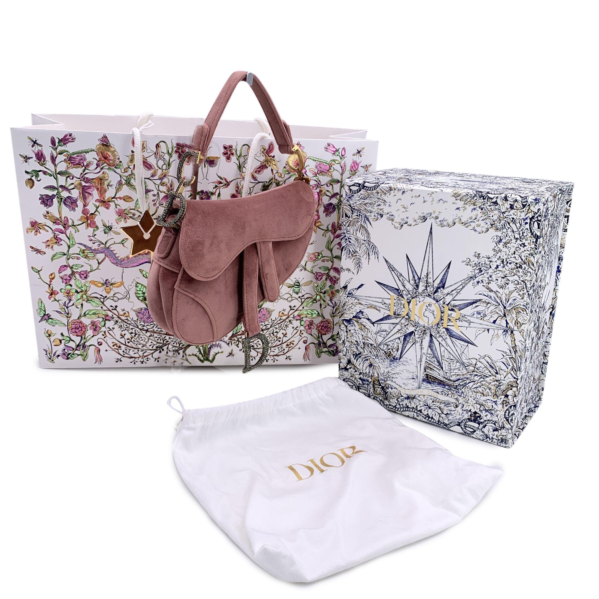 Brown Christian Dior Pink Velvet Mini Saddle Bag with Crystals