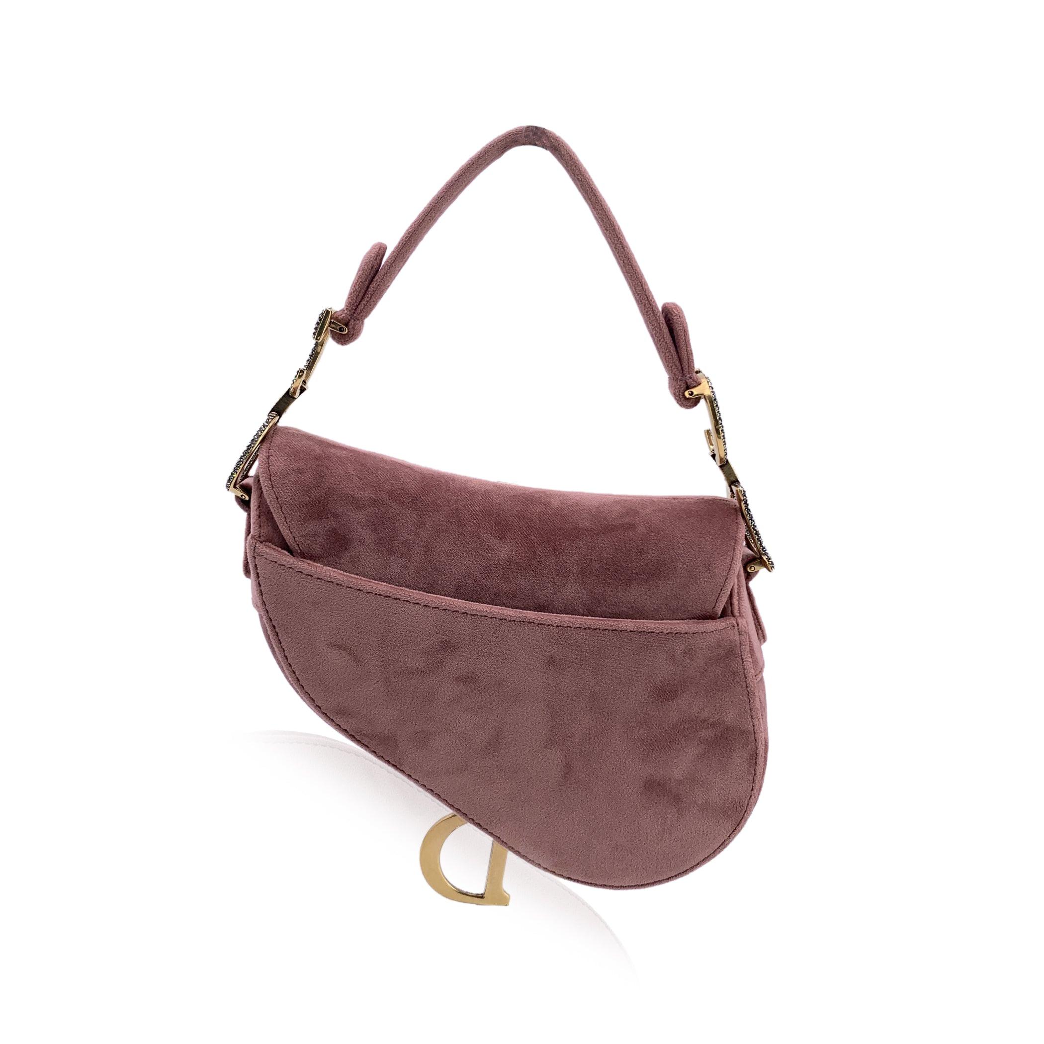 Christian Dior Pink Velvet Mini Saddle Bag with Crystals In Excellent Condition In Rome, Rome