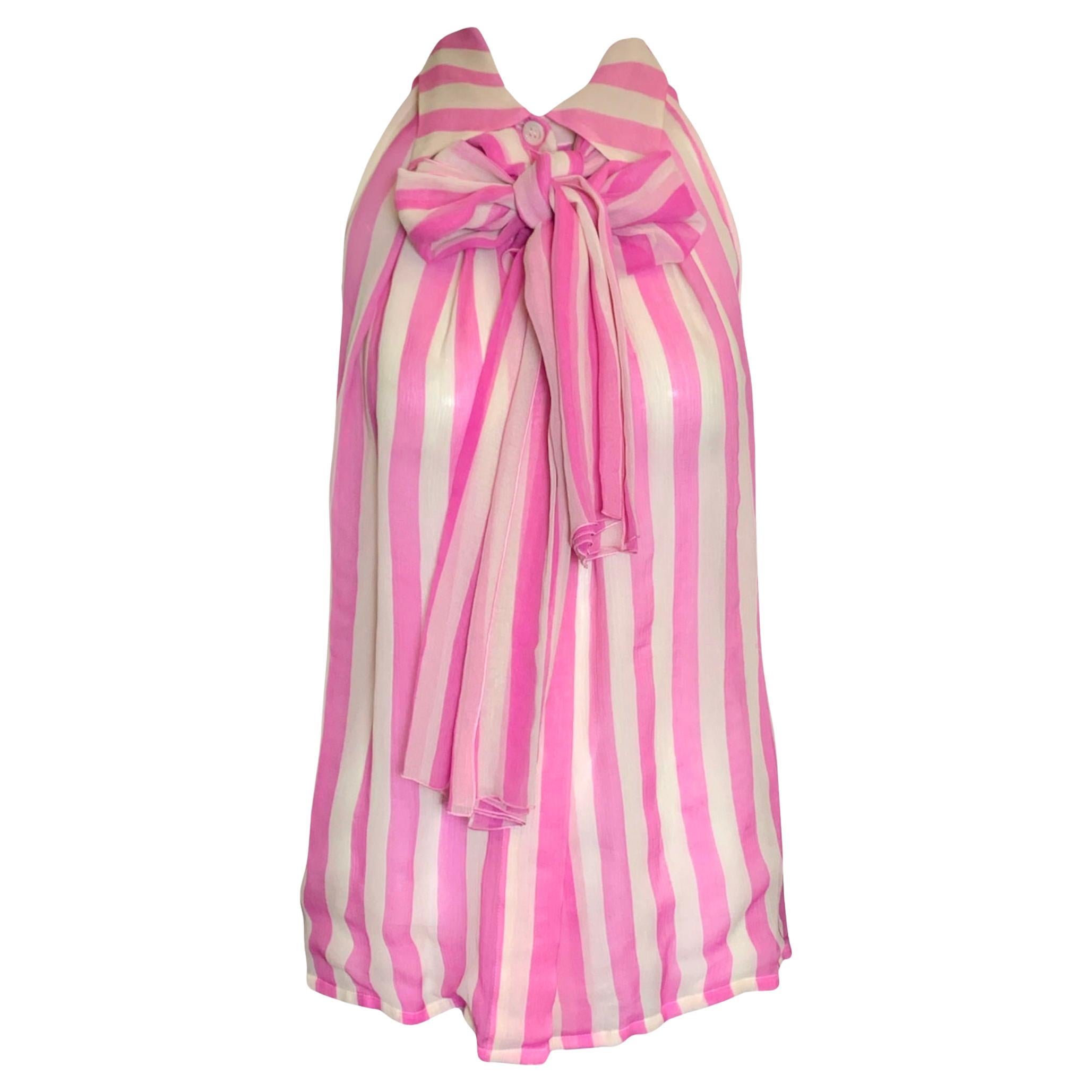 Christian Dior Rosa-weiß gestreifte Seiden-Chiffon-Bluse ohne Ärmel, 2000er Jahre im Angebot