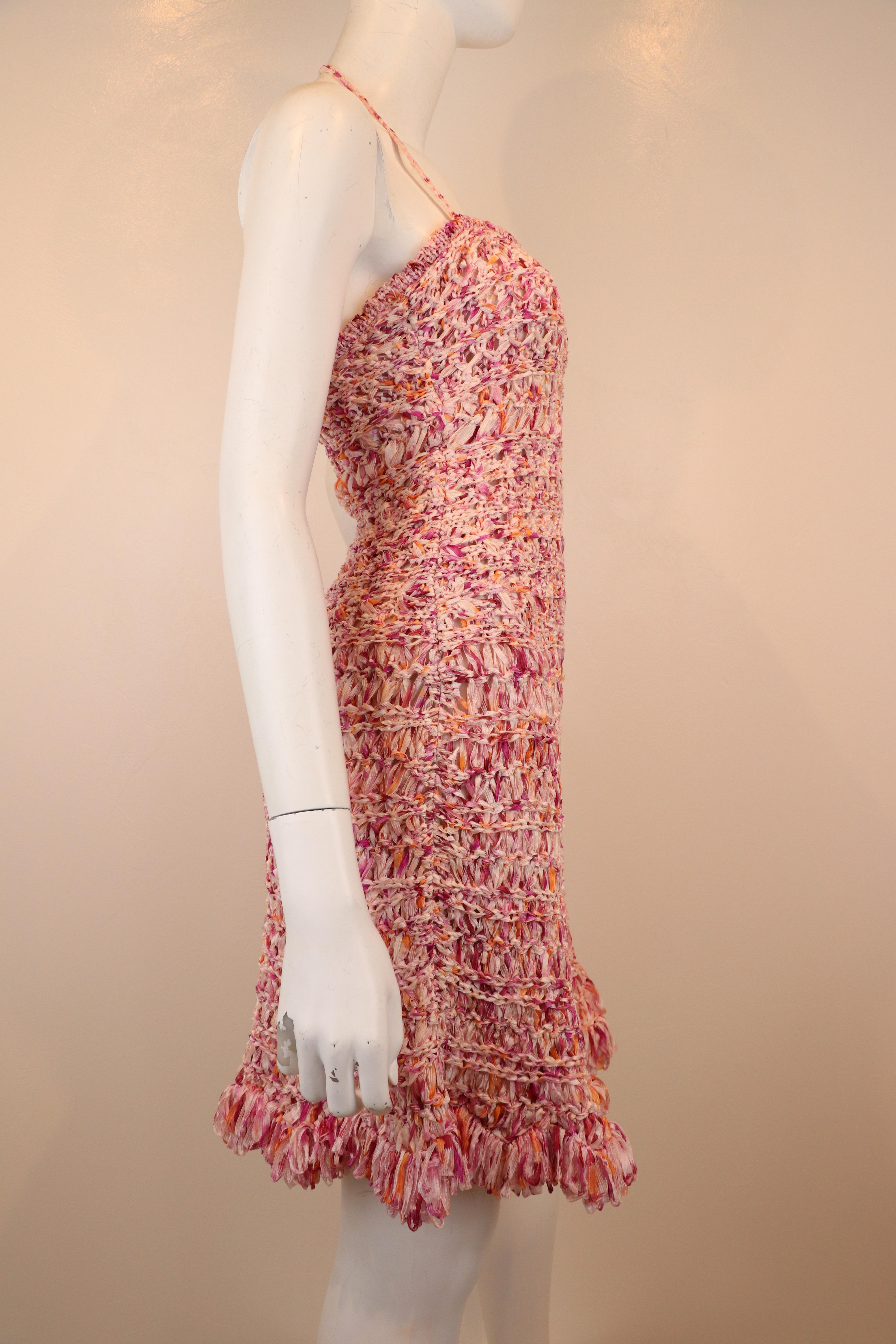 Brown Christian Dior Pink Woven Ribbon Fit-and-Flare Dress