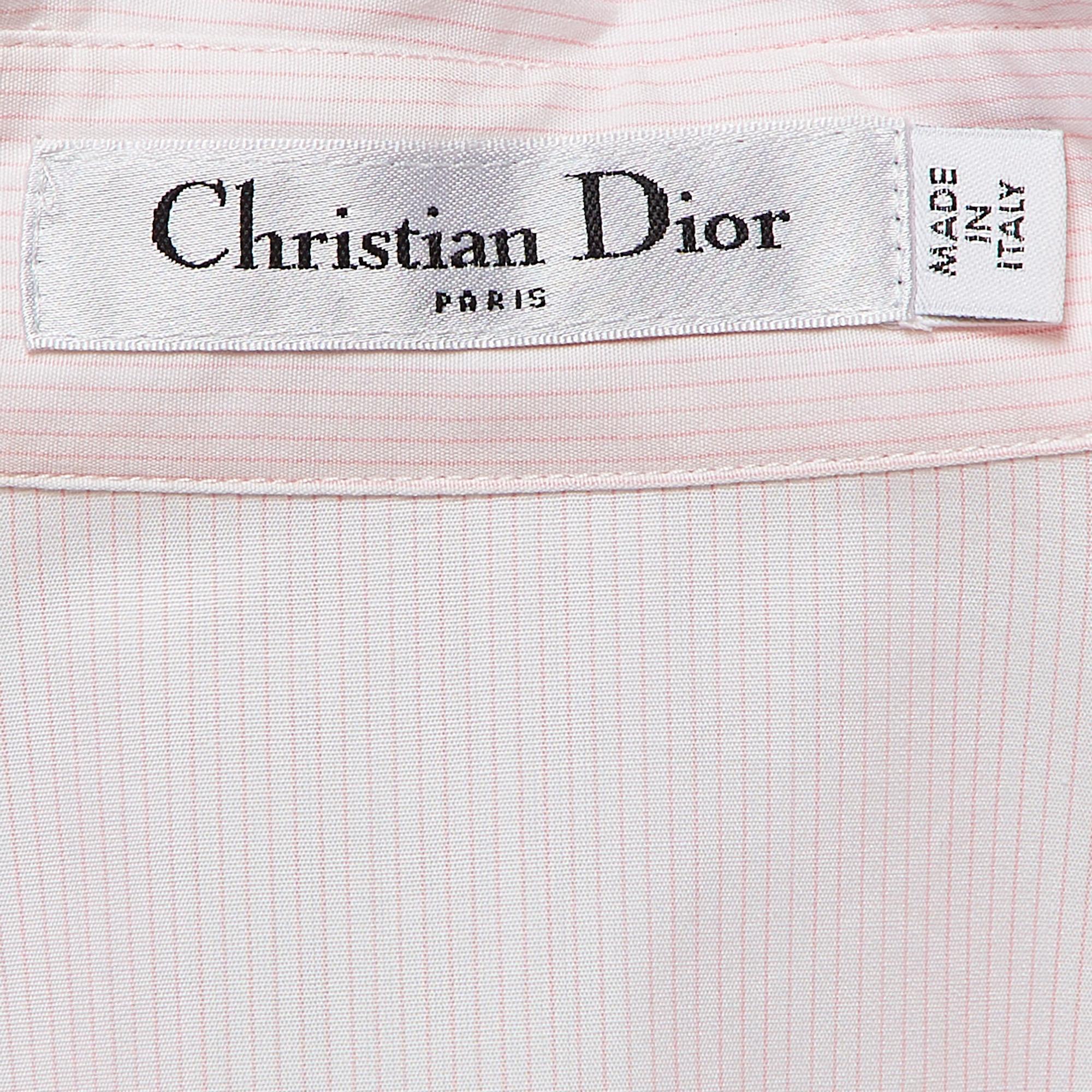 Women's Christian Dior Pinstripe Cotton Beads Applique Flared Mini Shirt Dress L For Sale