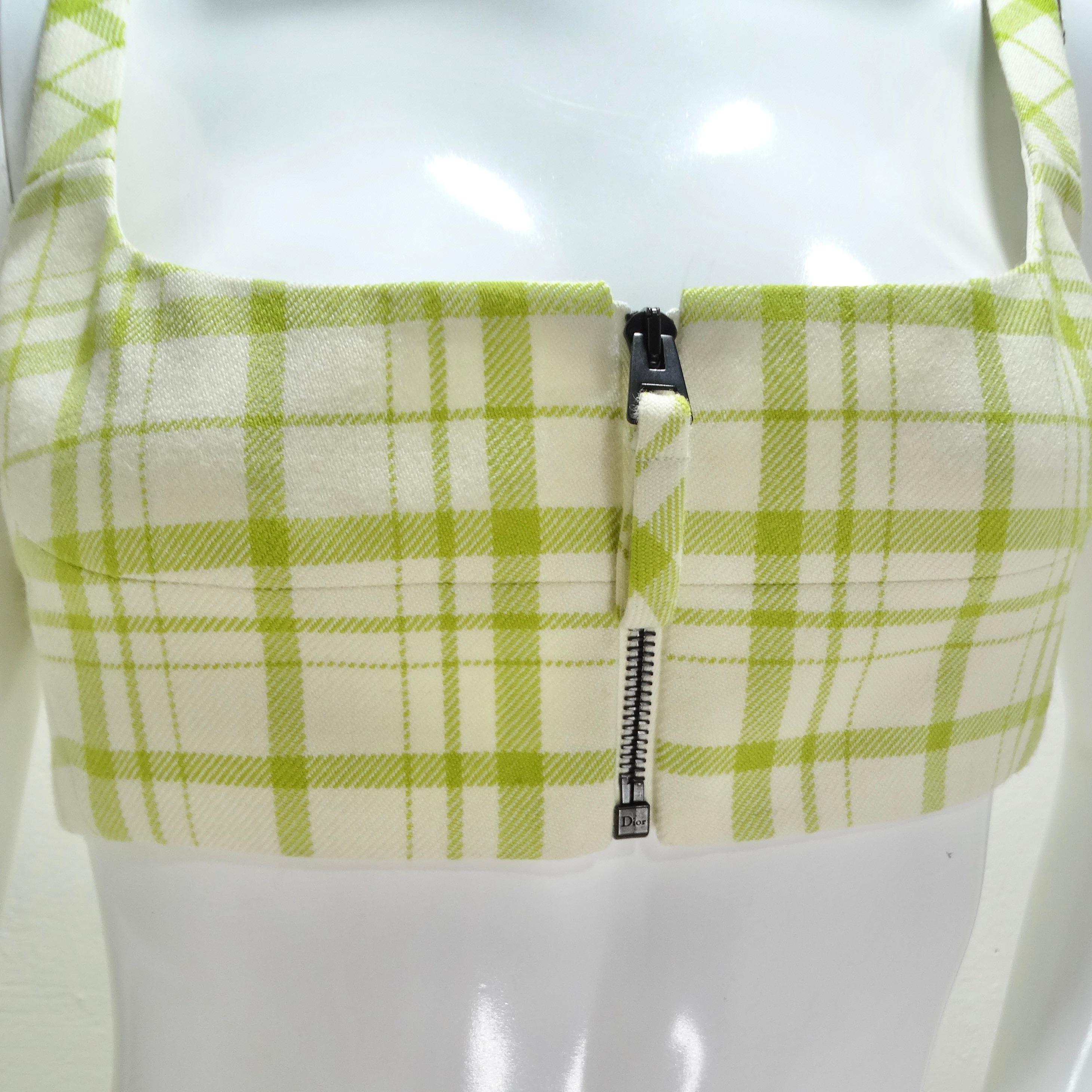 Infuse your wardrobe with vibrant energy using the Christian Dior Plaid Wool Crop Top – a delightful bra-style cropped top that brings together yellow tone lime green and white plaid on luxurious wool. The super cropped style adds a playful touch to
