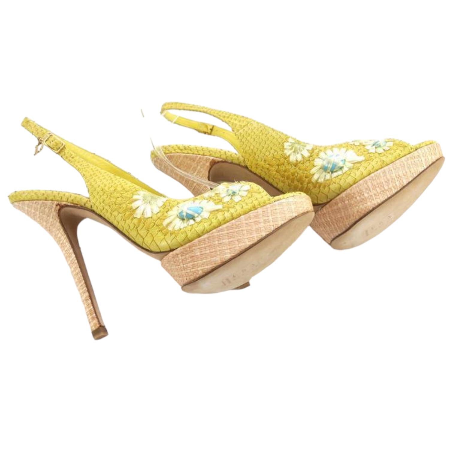 CHRISTIAN DIOR Platform Sandals Yellow Snakeskin Leather Straw Floral Ankle 38 For Sale 5