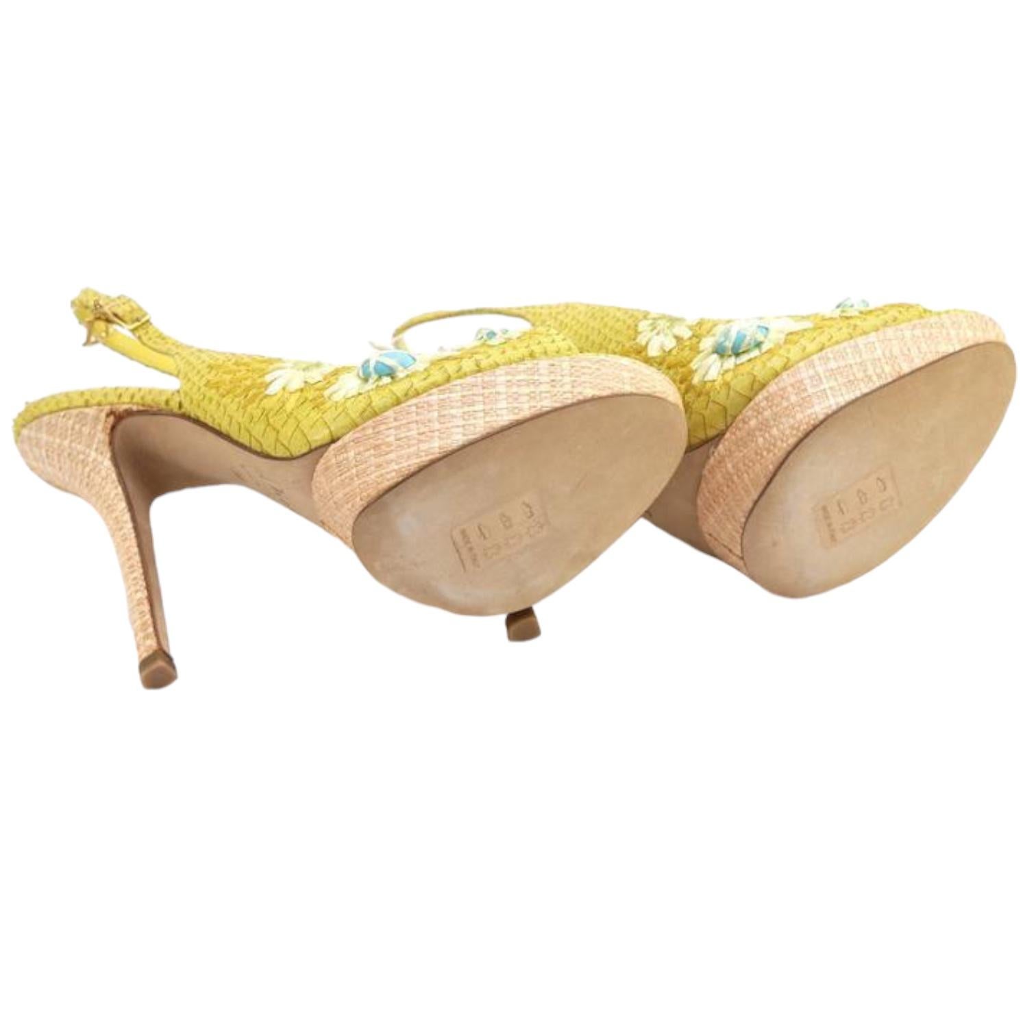 CHRISTIAN DIOR Platform Sandals Yellow Snakeskin Leather Straw Floral Ankle 38 For Sale 6