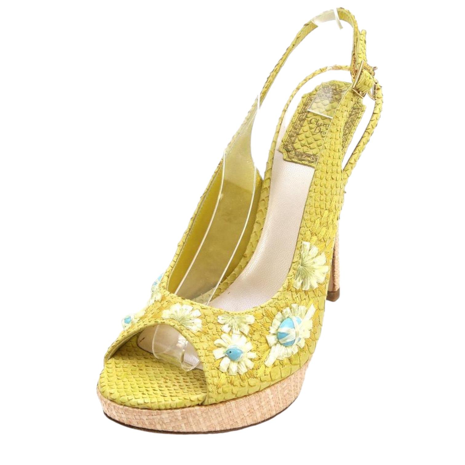 Beige CHRISTIAN DIOR Platform Sandals Yellow Snakeskin Leather Straw Floral Ankle 38 For Sale
