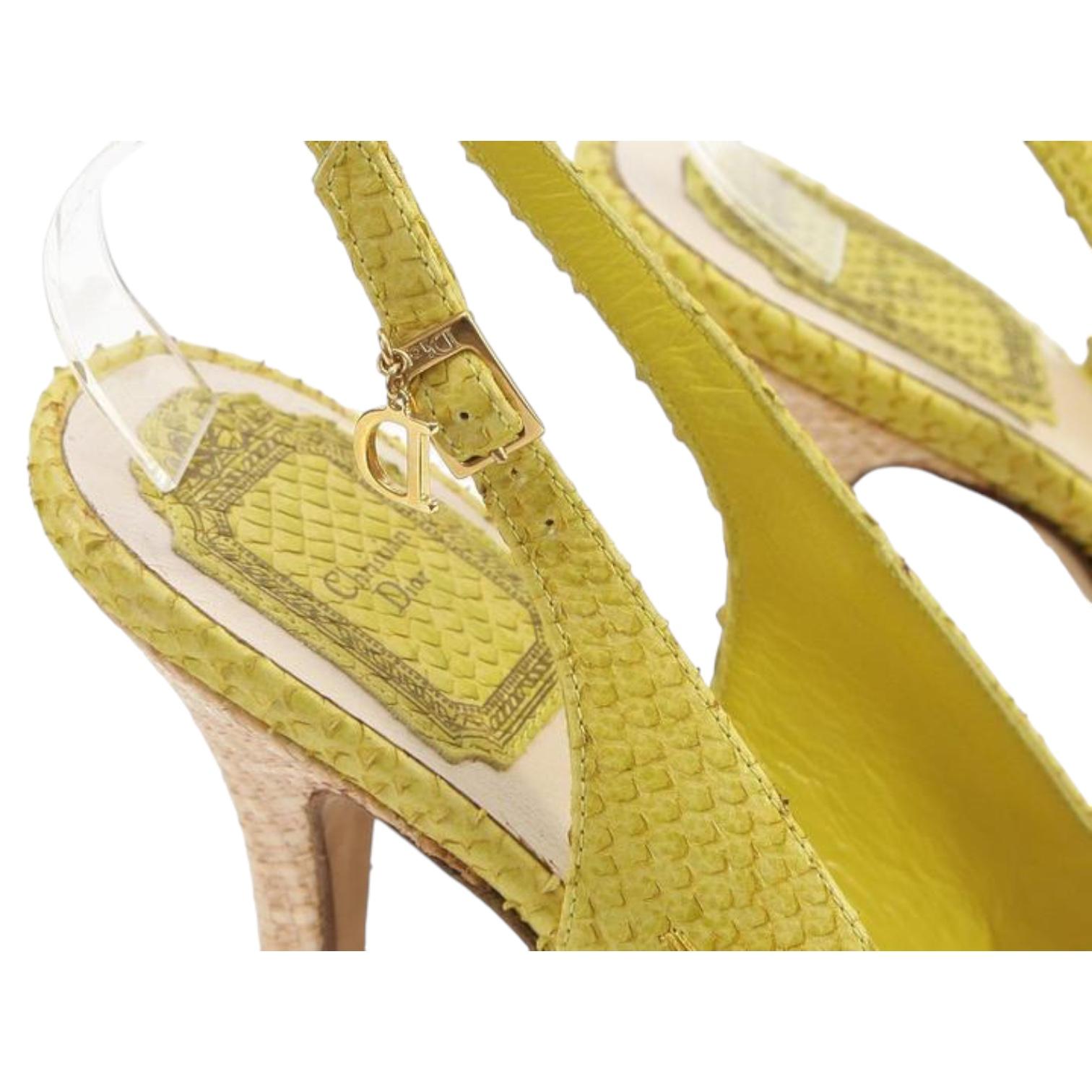 CHRISTIAN DIOR Platform Sandals Yellow Snakeskin Leather Straw Floral Ankle 38 For Sale 2