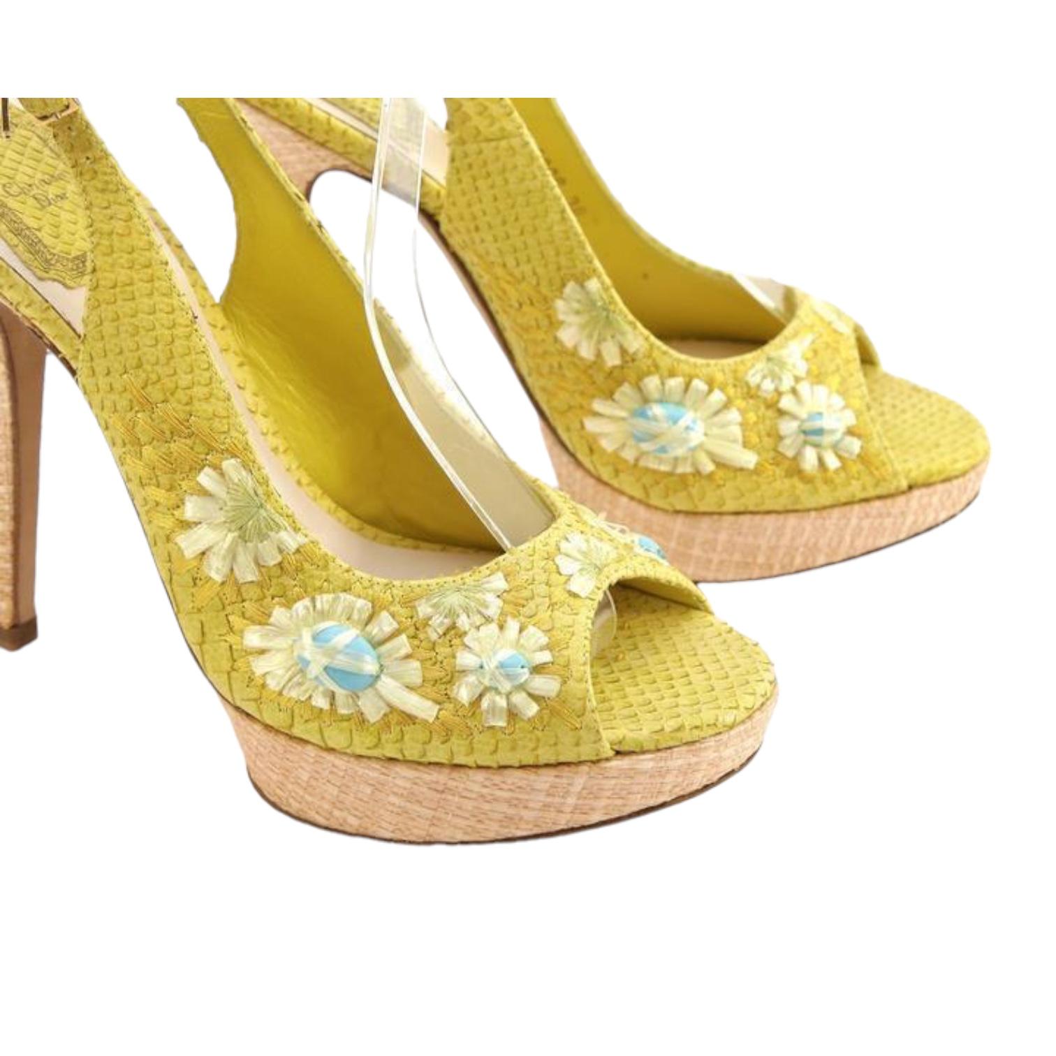 CHRISTIAN DIOR Platform Sandals Yellow Snakeskin Leather Straw Floral Ankle 38 For Sale 3