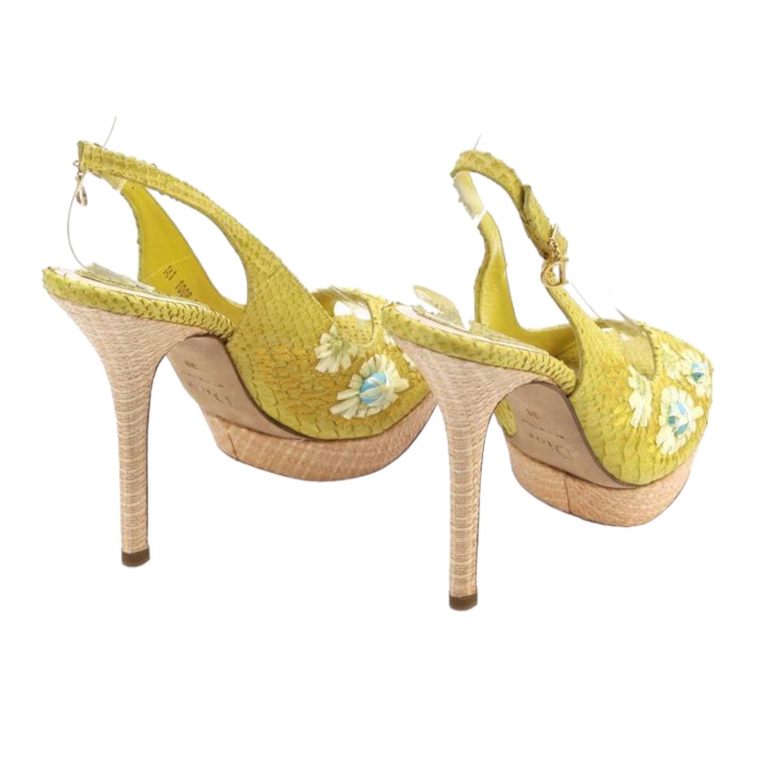 CHRISTIAN DIOR Platform Sandals Yellow Snakeskin Leather Straw Floral Ankle 38 For Sale 4