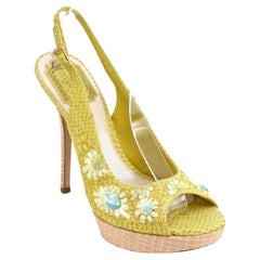CHRISTIAN DIOR Sandales à plateforme jaune cuir de serpent paille florale 38