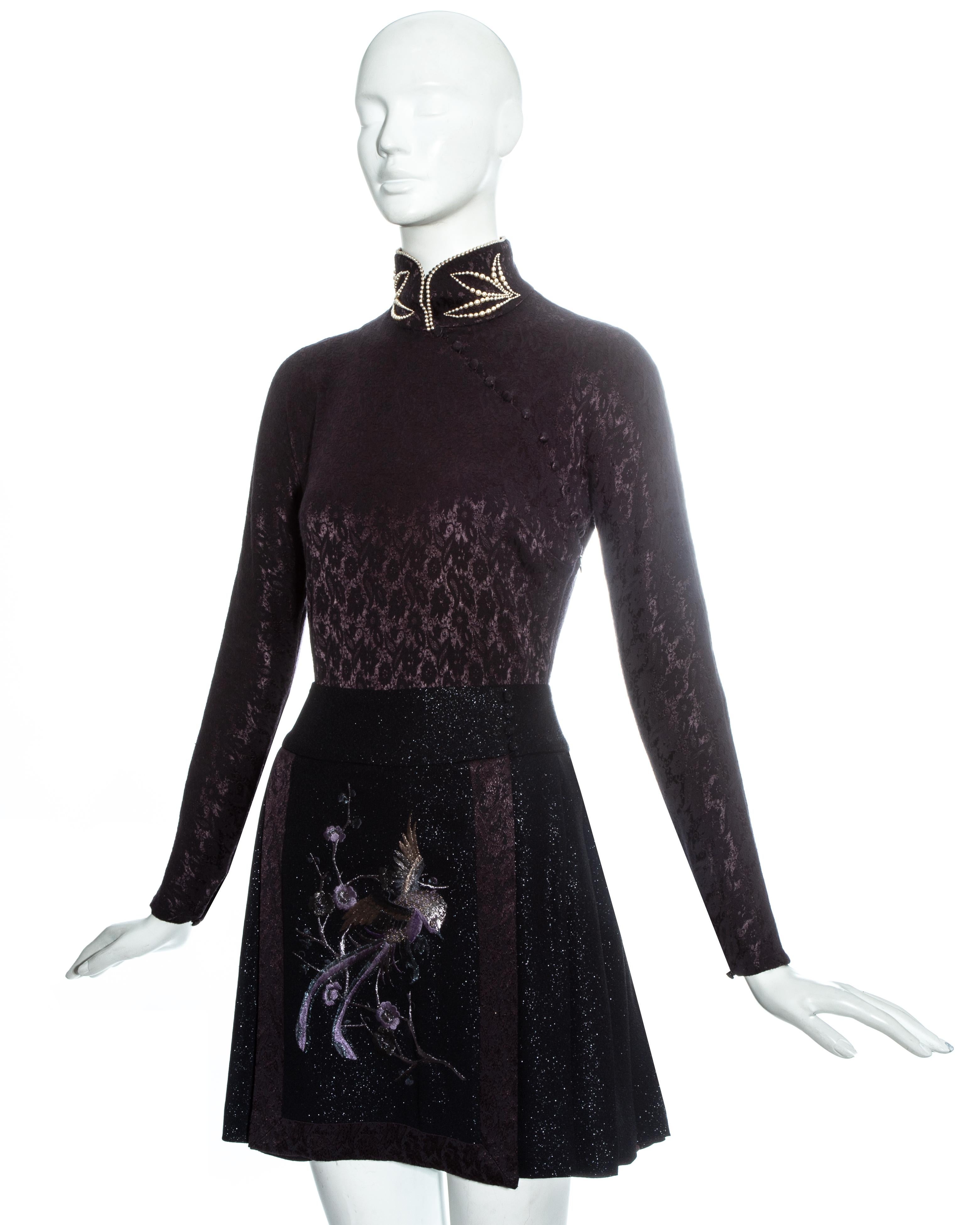 Women's Christian Dior plum jacquard satin embroidered mini dress, fw 1997 For Sale