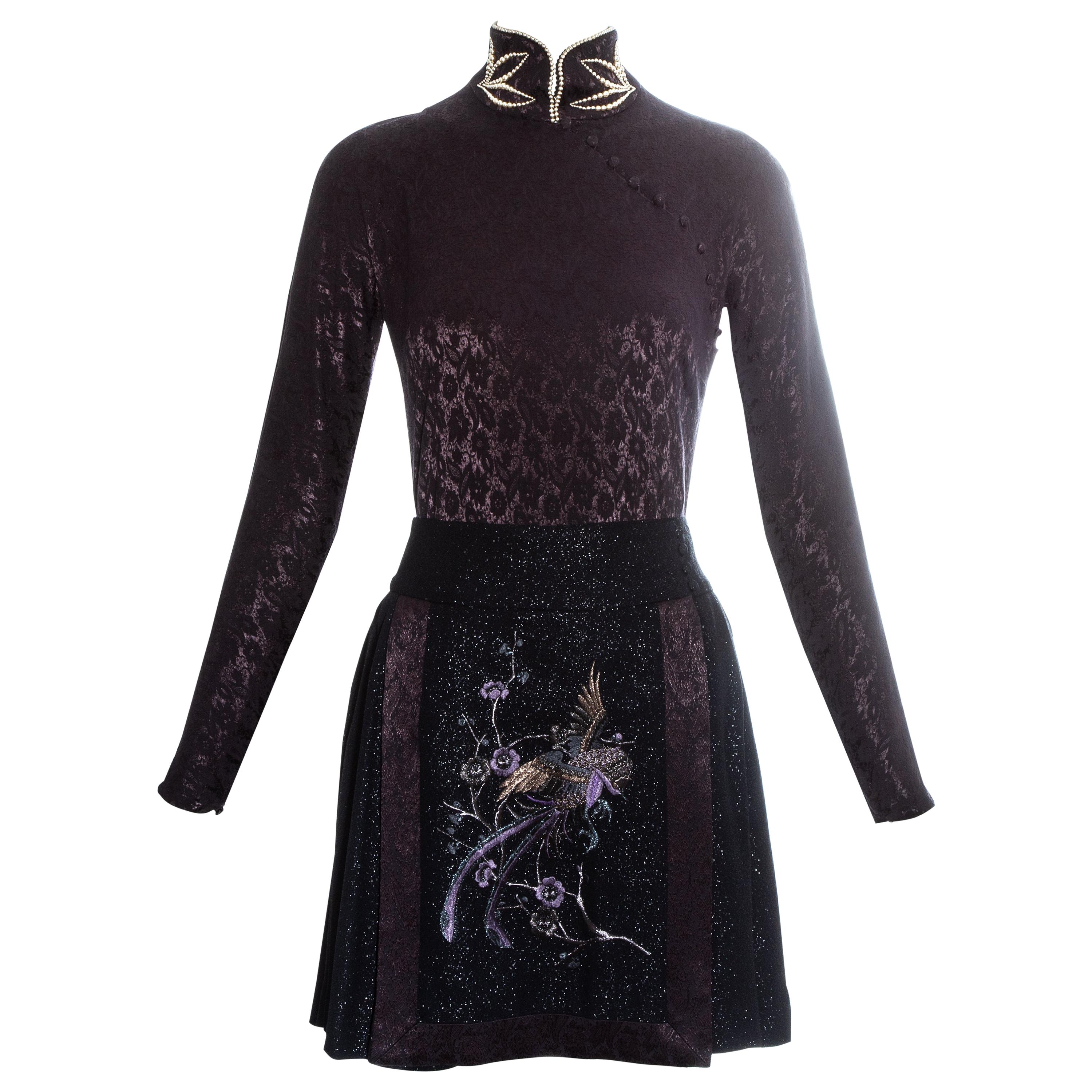 Christian Dior plum jacquard satin embroidered mini dress, fw 1997 For Sale