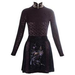 Vintage Christian Dior plum jacquard satin embroidered mini dress, fw 1997