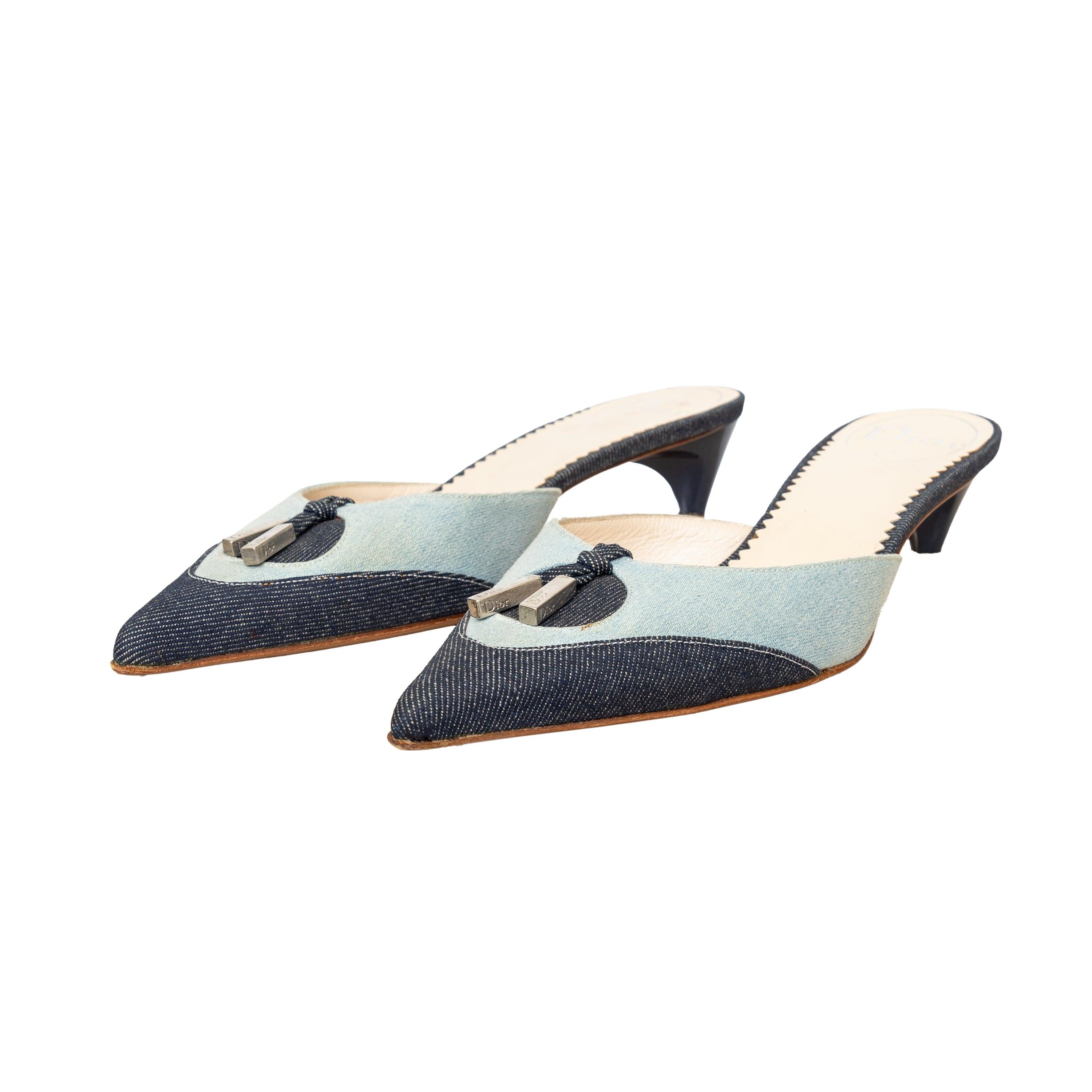 Gray Christian Dior Pointed Toe Denim Kitten Heel - '00s